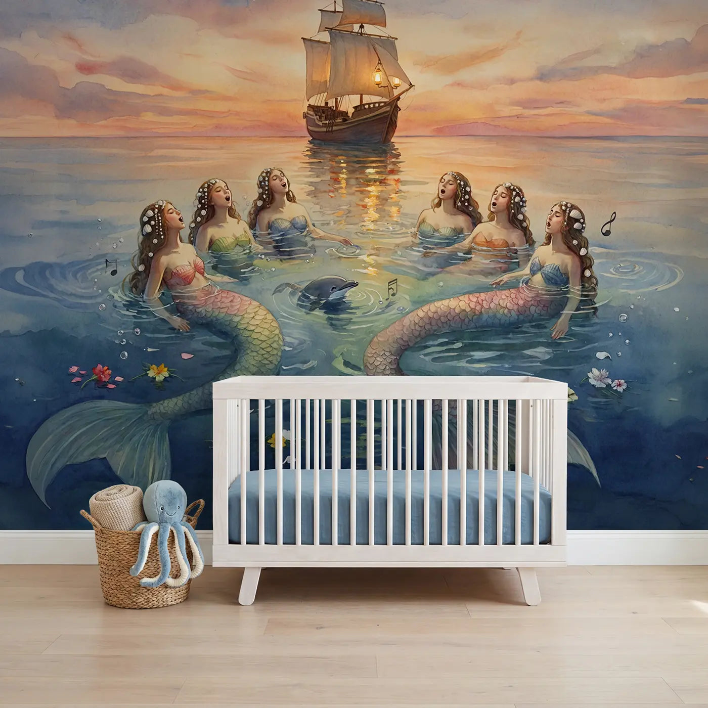 watercolor mermaid choir sunset ocean mural for boys room by Whimsy Tots