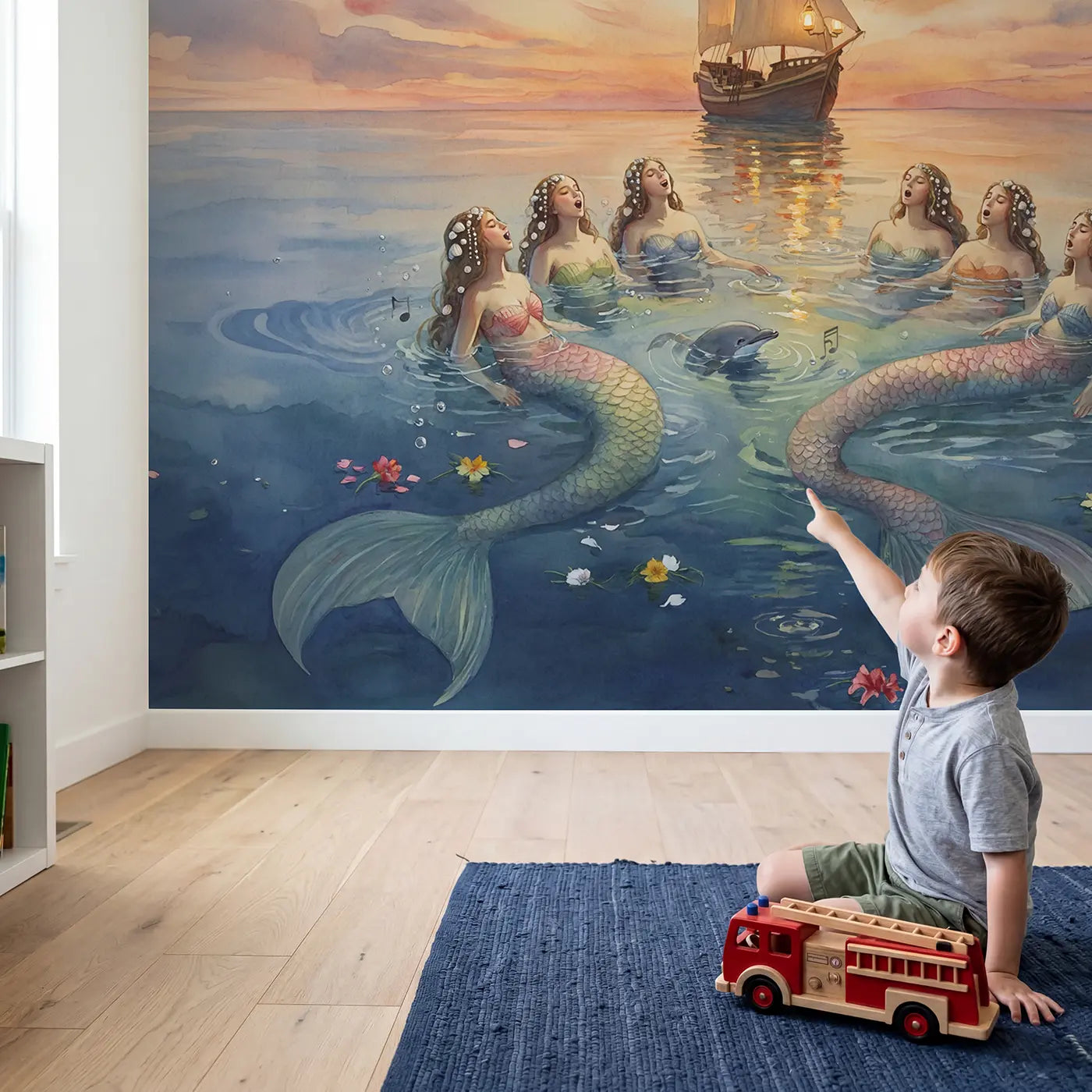 Child in nursery with Mermaid Choir Sunset Ocean Wallpaper Mural by Whimsy Tots