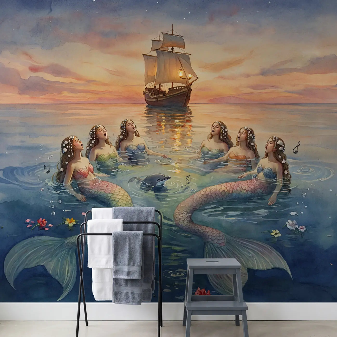 Mermaid Choir Sunset Ocean Wallpaper Mural in playroom setting by Whimsy Tots