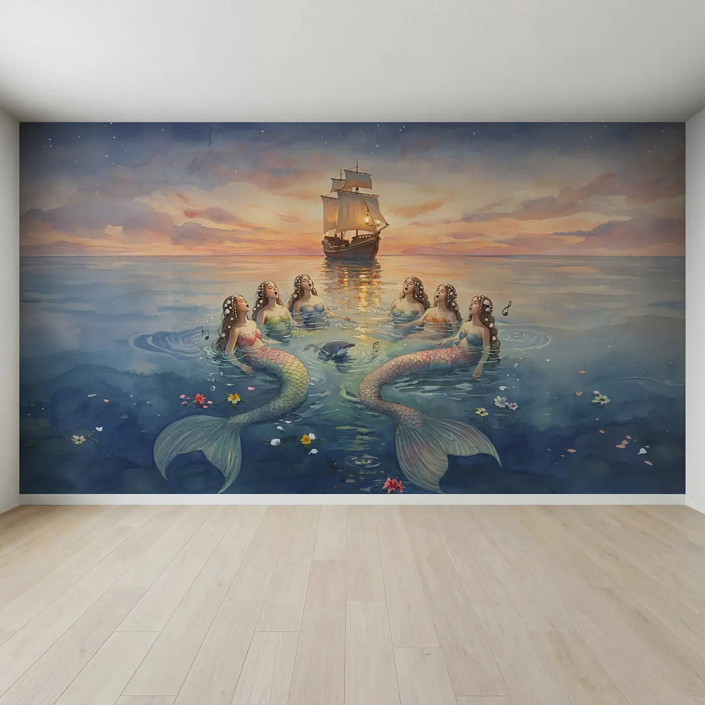 Full view of Mermaid Choir Sunset Ocean Wallpaper Mural by Whimsy Tots