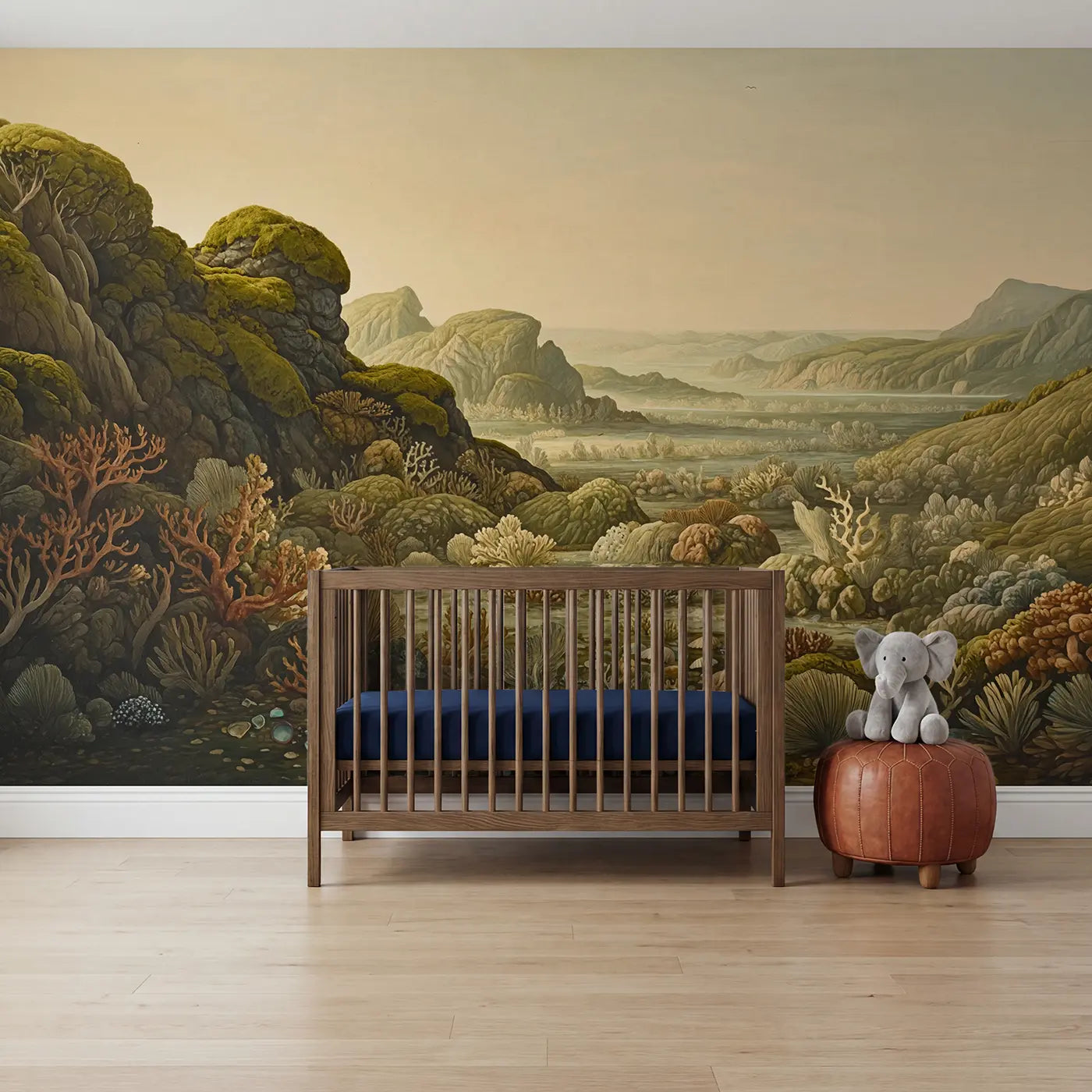 Block print underwater palace coral garden wallpaper mural for nursery by Whimsy Tots