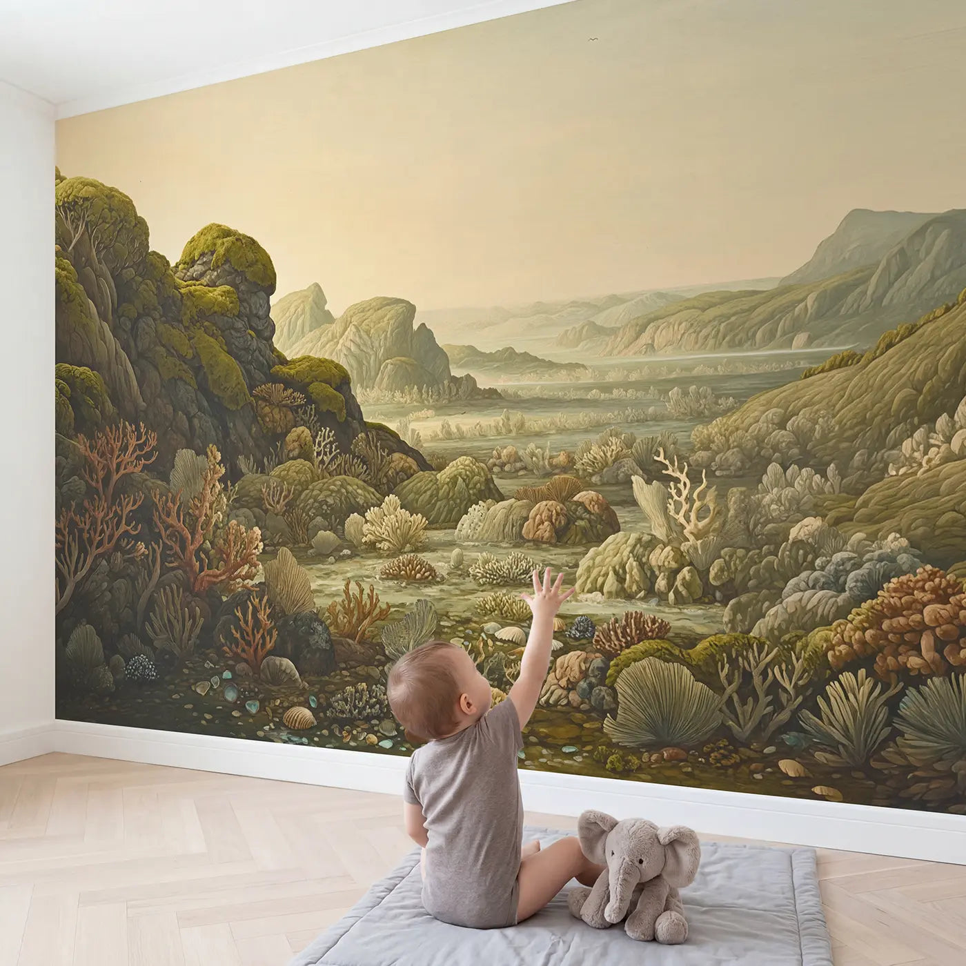 Child in nursery with Underwater Palace Garden Sculpted Wallpaper Mural by Whimsy Tots