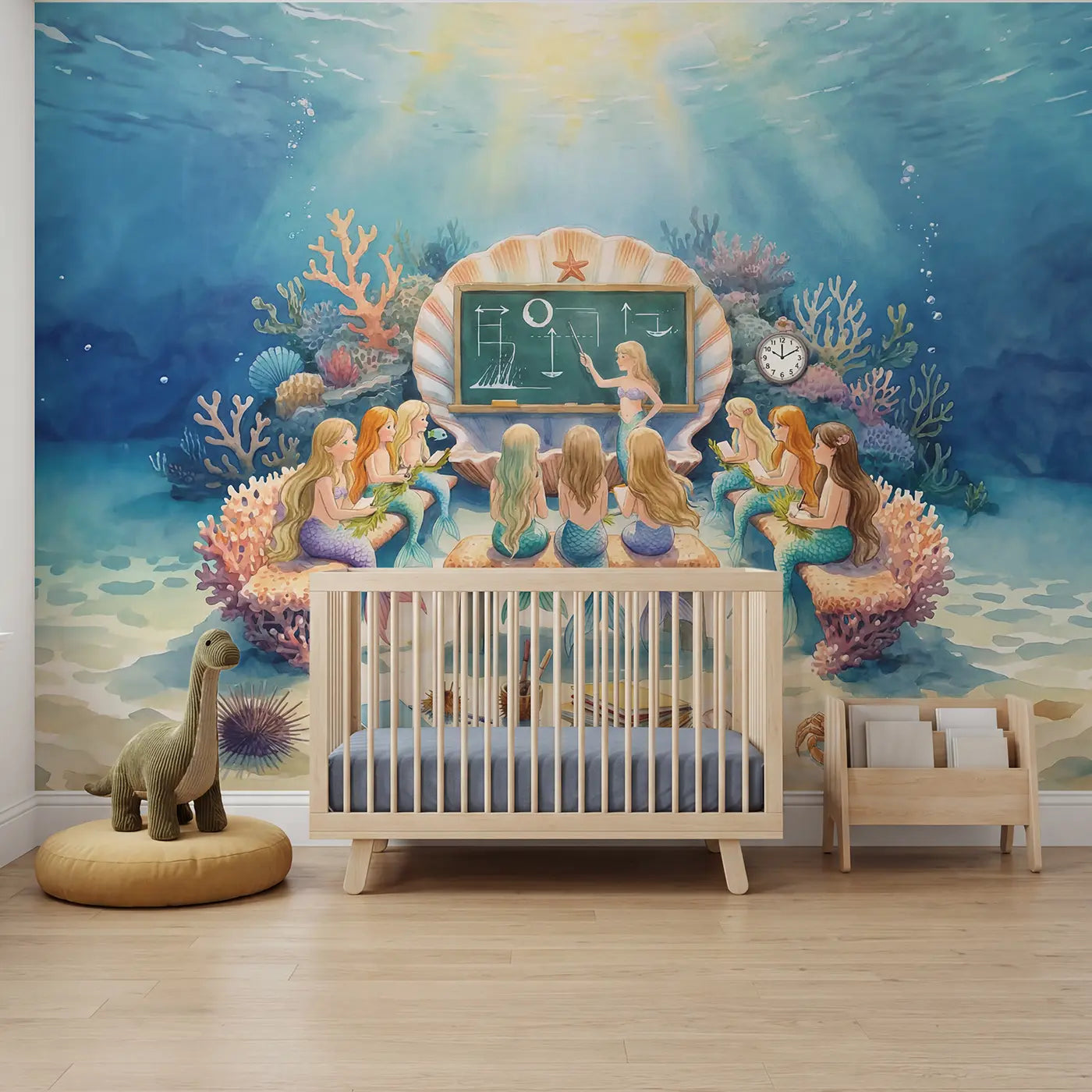 Watercolor mermaid school underwater class wallpaper mural for boys room by Whimsy Tots