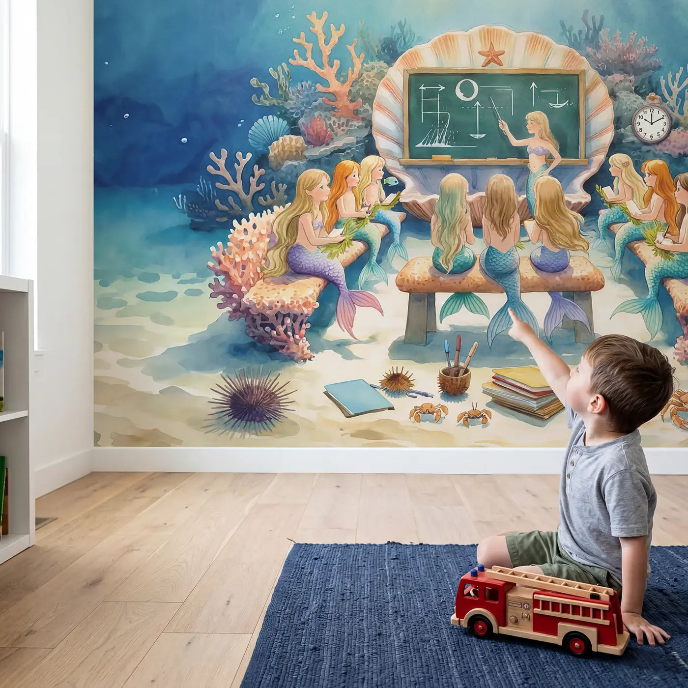 Child in nursery with Mermaid School Underwater Class Wallpaper Mural by Whimsy Tots