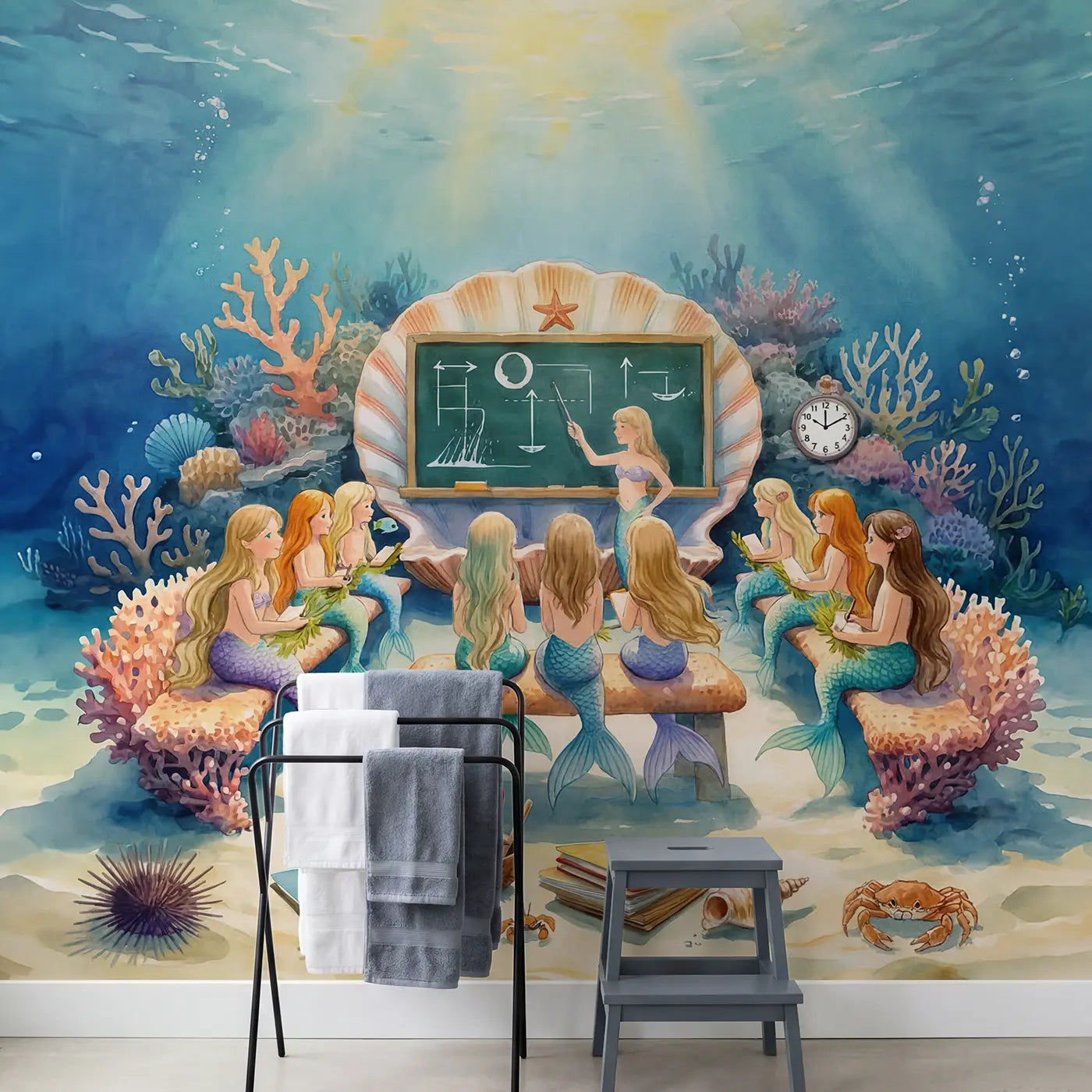 Mermaid School Underwater Class Wallpaper Mural in playroom setting by Whimsy Tots