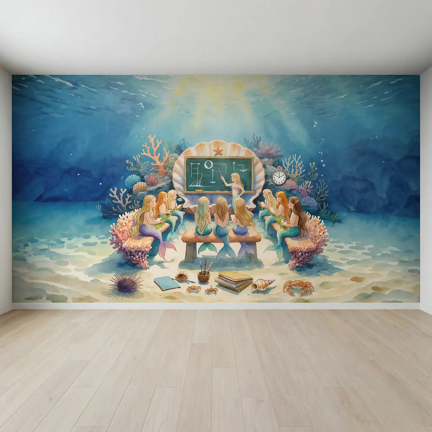 Full view of Mermaid School Underwater Class Wallpaper Mural by Whimsy Tots