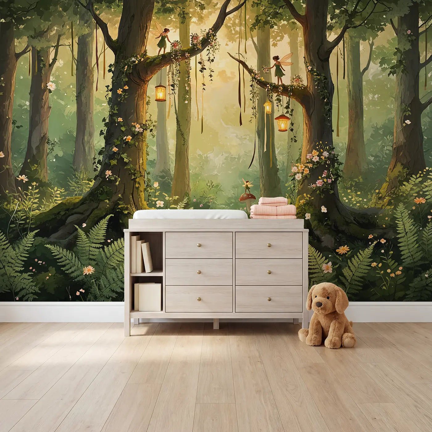 soft pastel fairy forest lanterns celebration wallpaper mural for nursery by Whimsy Tots