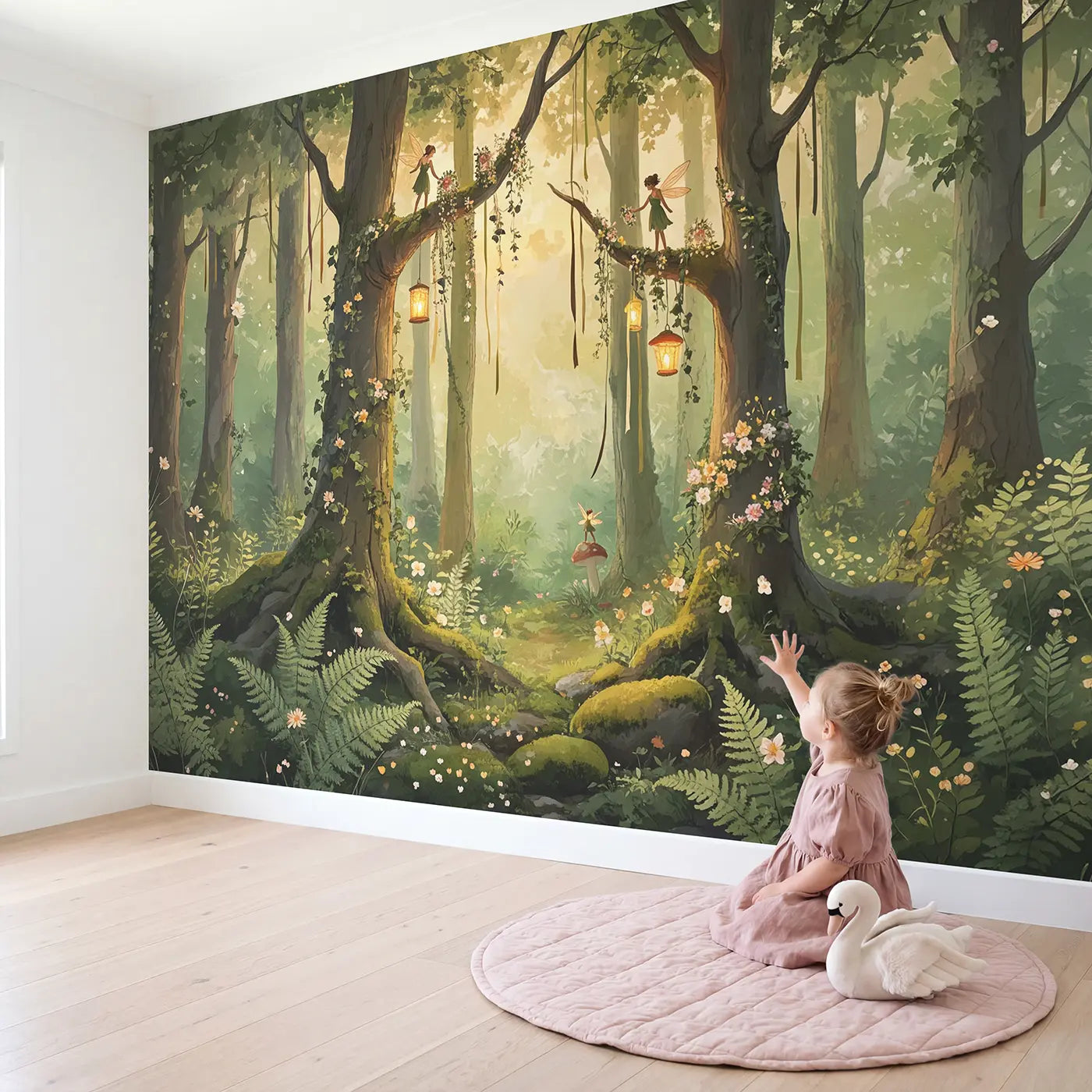 Child in nursery with Fairy Forest Celebration Wallpaper Mural by Whimsy Tots