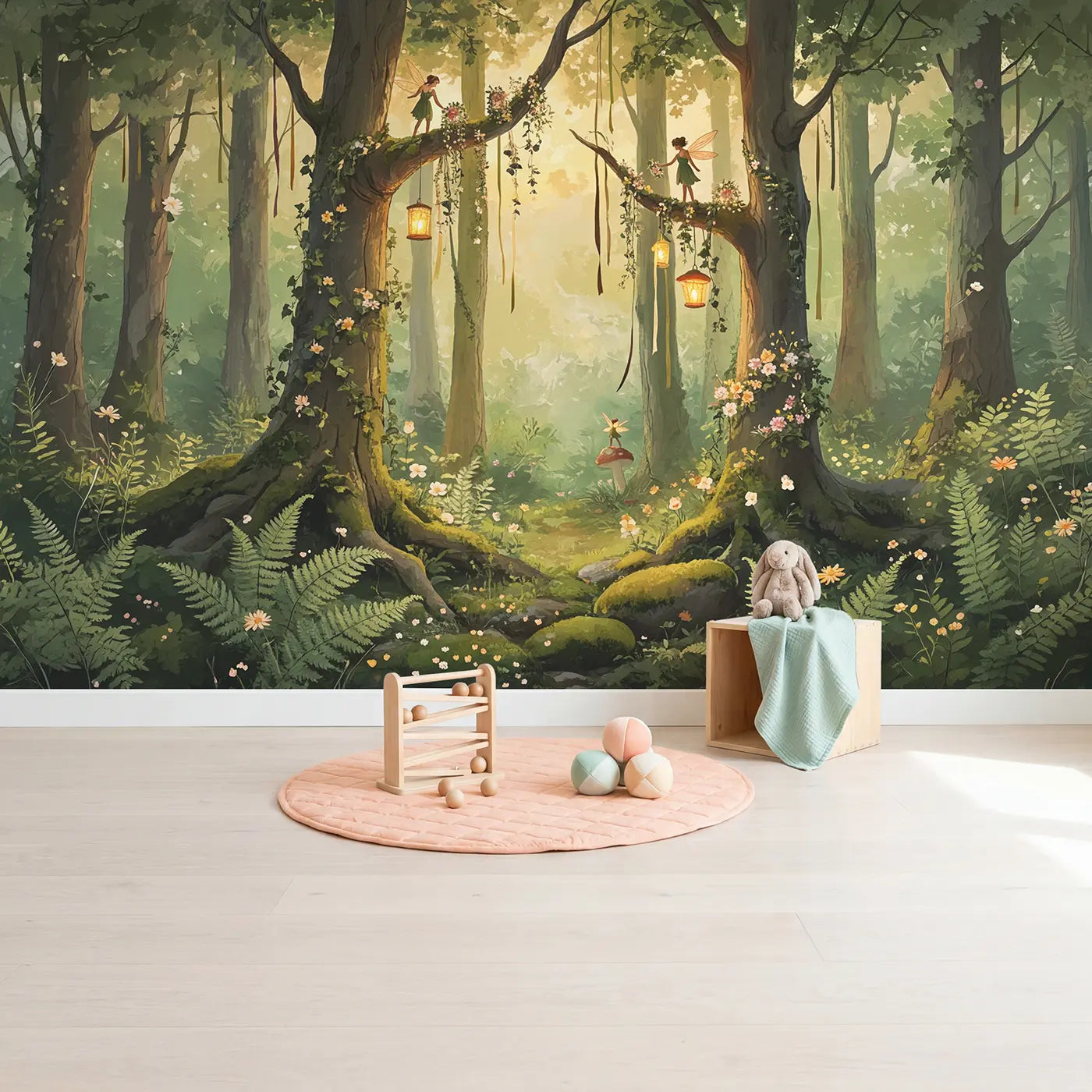 Fairy Forest Celebration Wallpaper Mural in playroom setting by Whimsy Tots