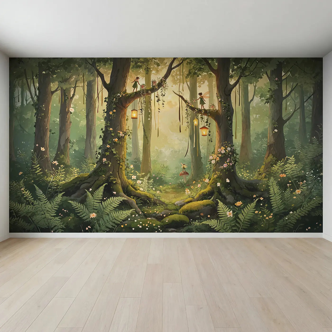Full view of Fairy Forest Celebration Wallpaper Mural by Whimsy Tots