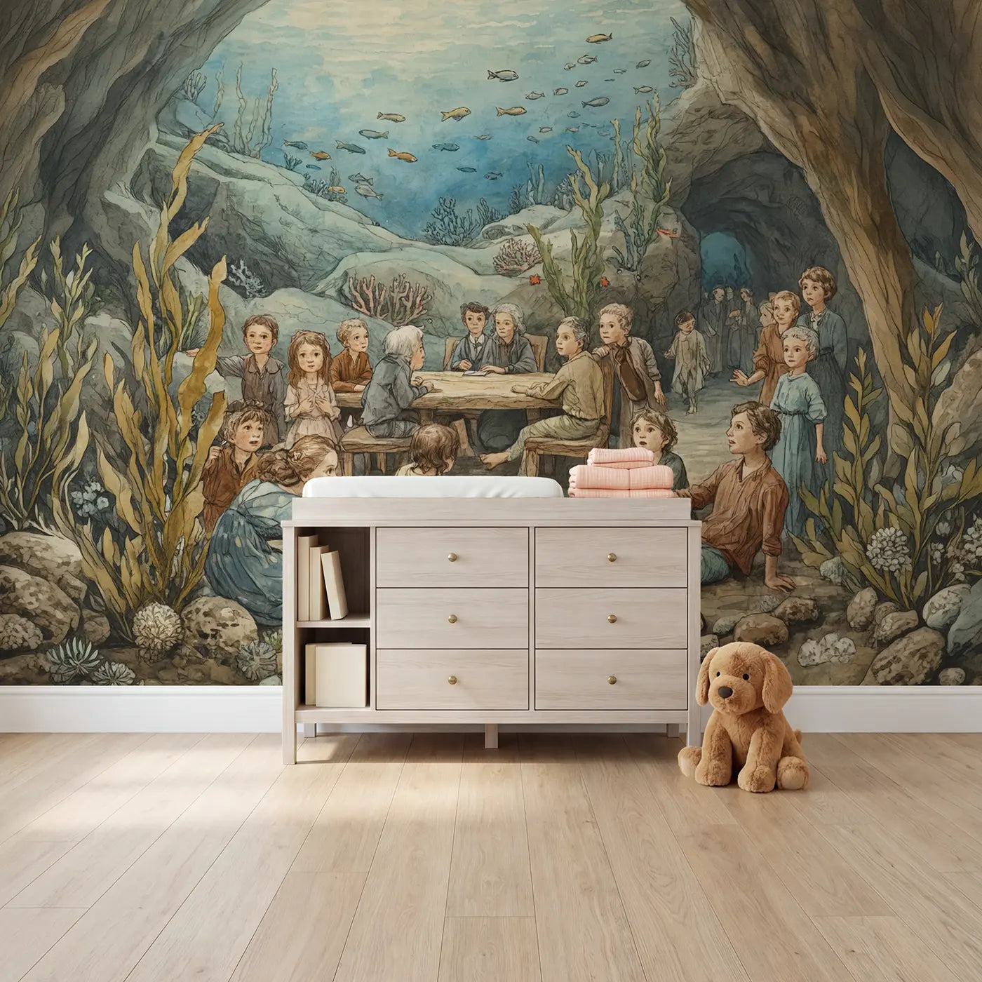 storybook mermaid underwater cave wallpaper mural for girls room by Whimsy Tots