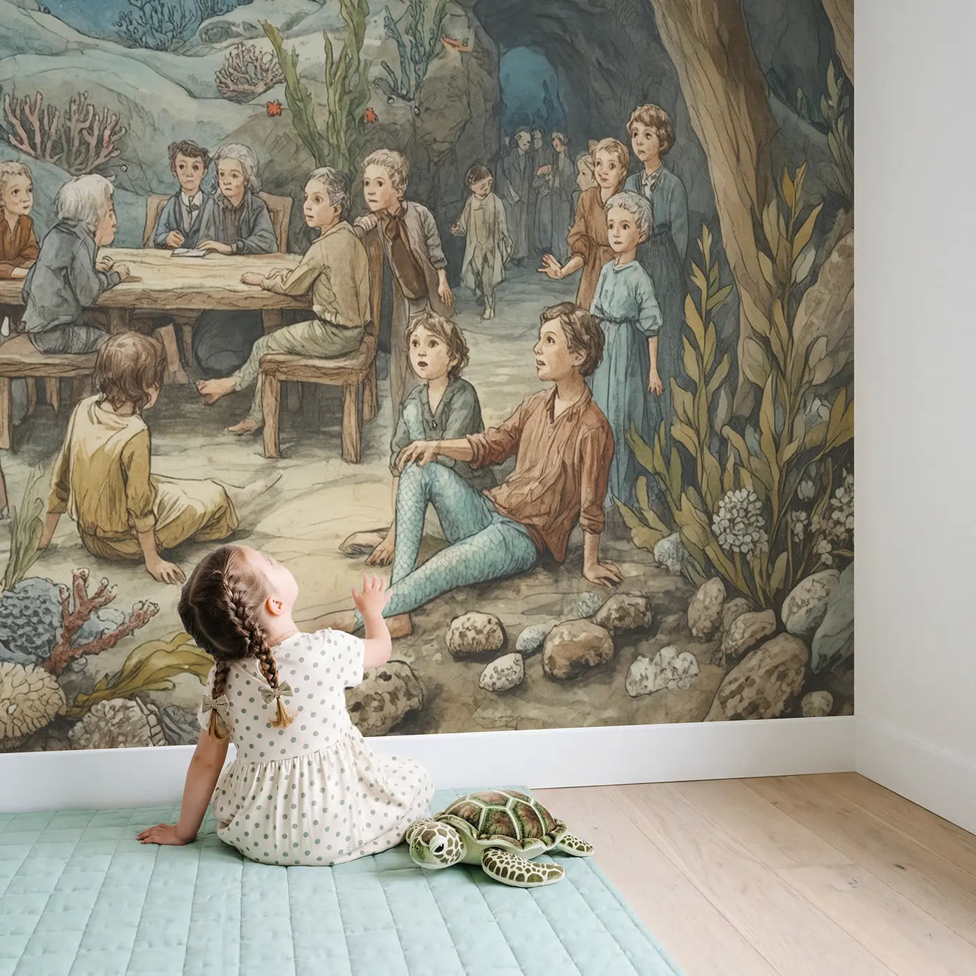 Child in nursery with Mermaid Council Underwater Cave Wallpaper Mural by Whimsy Tots