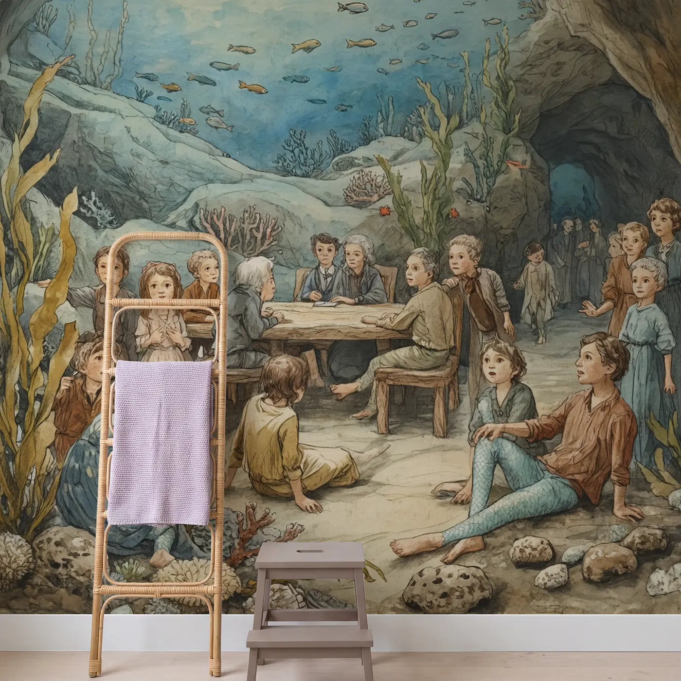Mermaid Council Underwater Cave Wallpaper Mural in playroom setting by Whimsy Tots