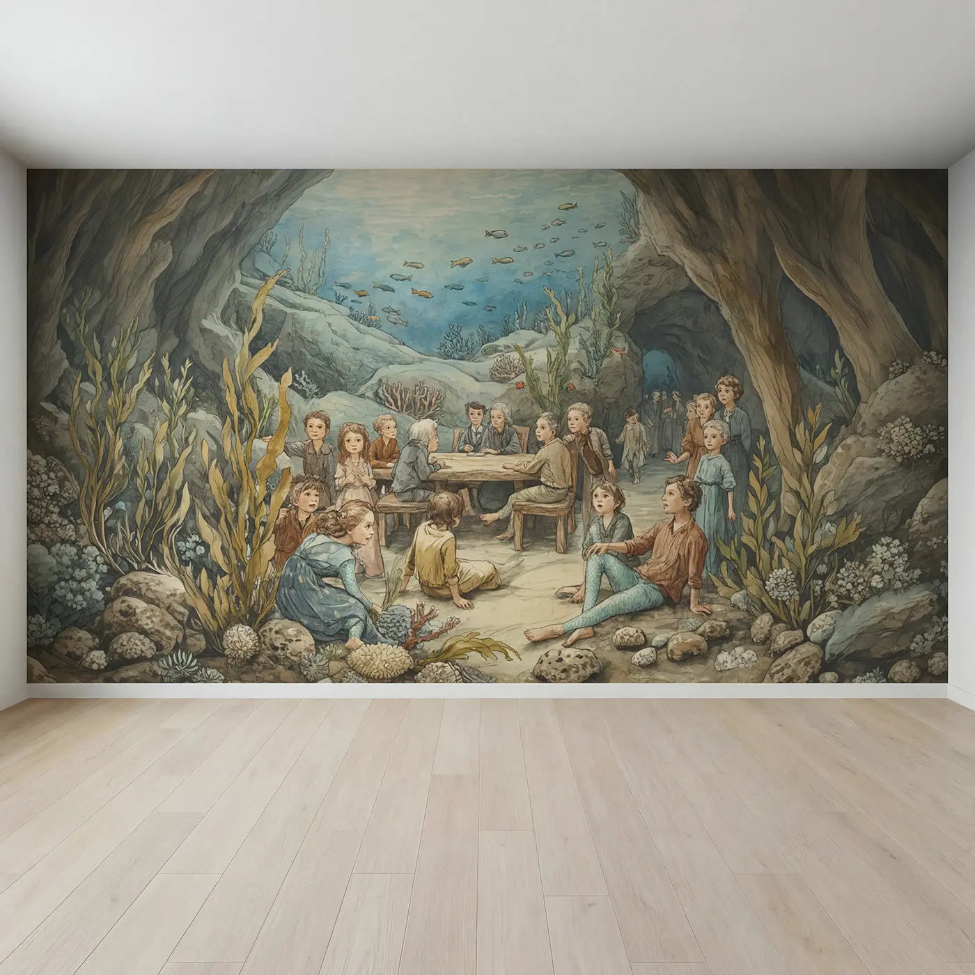 Full view of Mermaid Council Underwater Cave Wallpaper Mural by Whimsy Tots