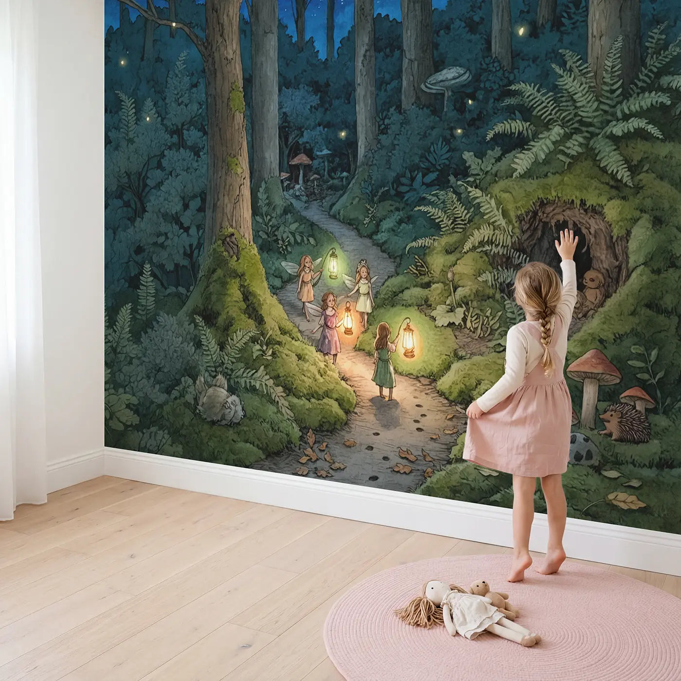 Child in nursery with Fairy Lantern Night Patrol Wallpaper Mural by Whimsy Tots
