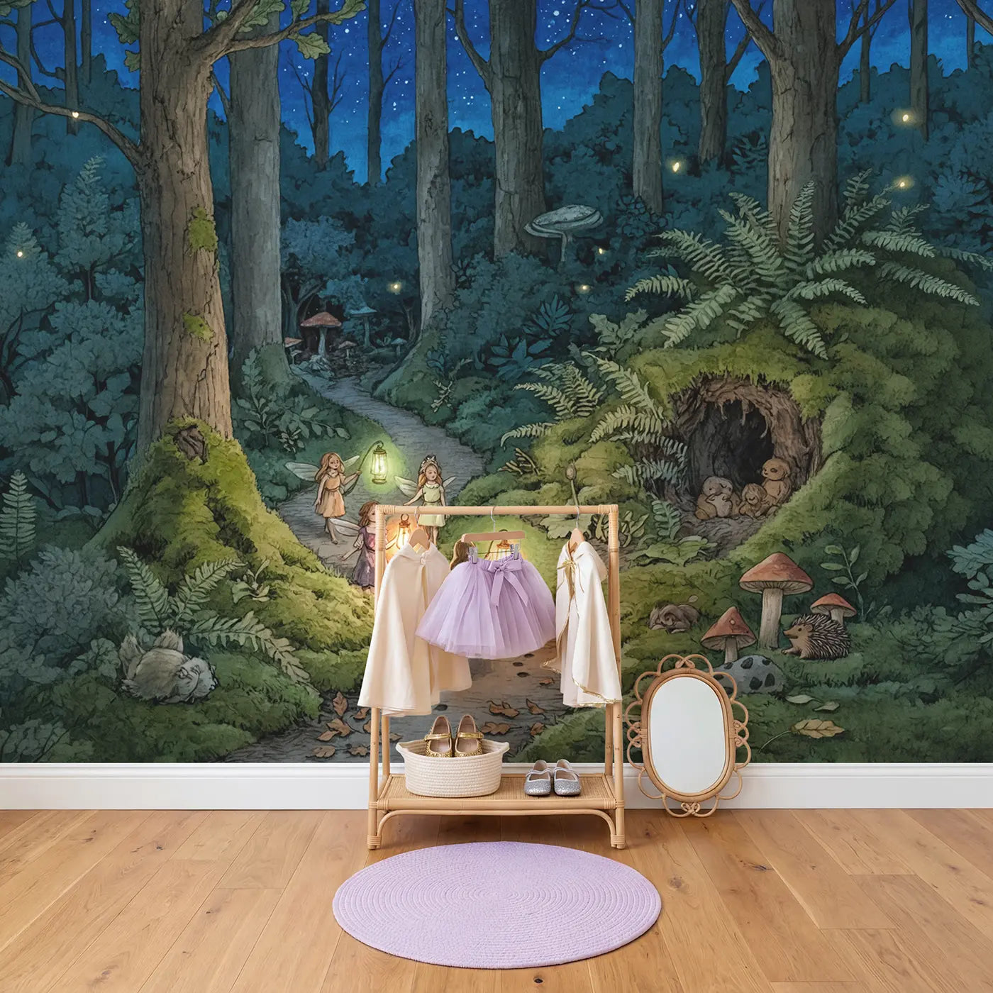 Fairy Lantern Night Patrol Wallpaper Mural in playroom setting by Whimsy Tots