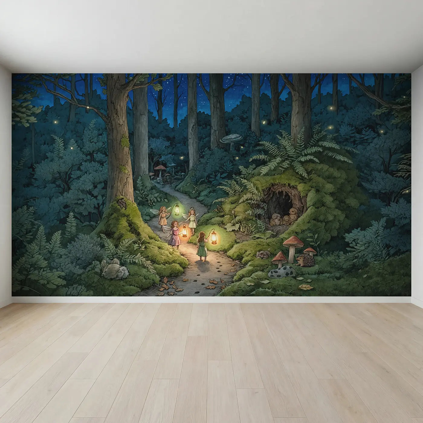 Full view of Fairy Lantern Night Patrol Wallpaper Mural by Whimsy Tots