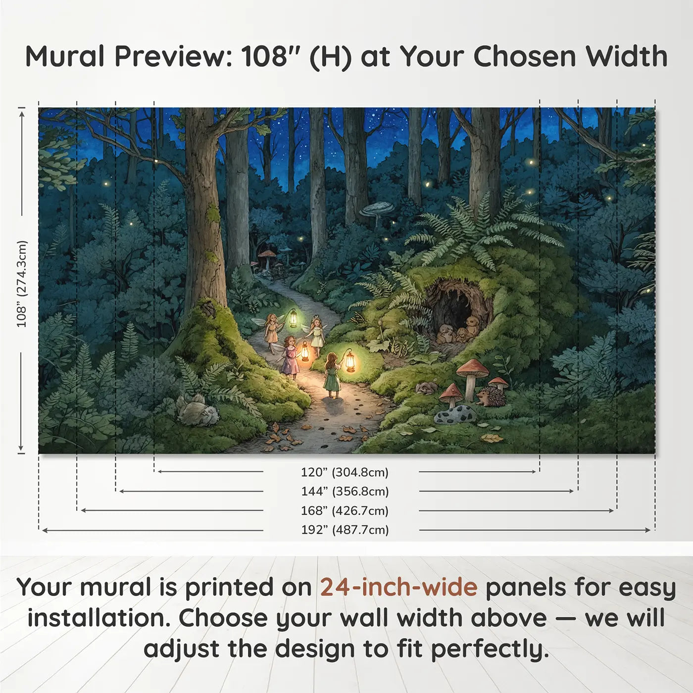 Panel layout and dimensions for Fairy Lantern Night Patrol Wallpaper Mural by Whimsy Tots