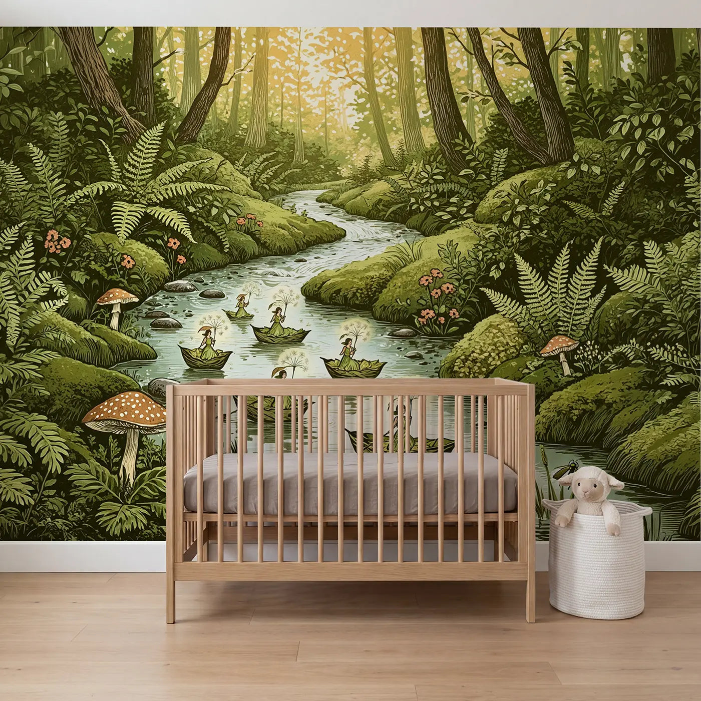 Block print fairy leaf boat river wallpaper mural for kids room by Whimsy Tots