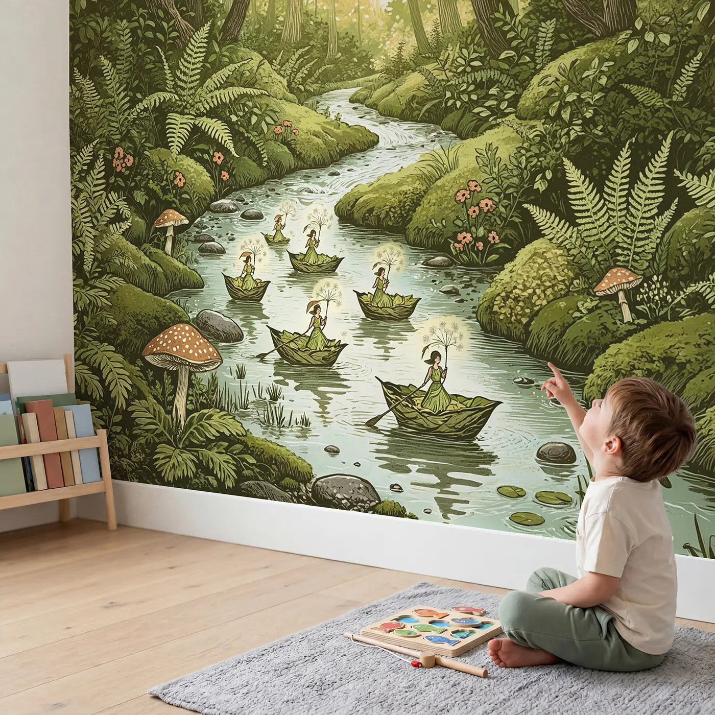 Child in nursery with Fairy Leaf Boat River Wallpaper Mural by Whimsy Tots