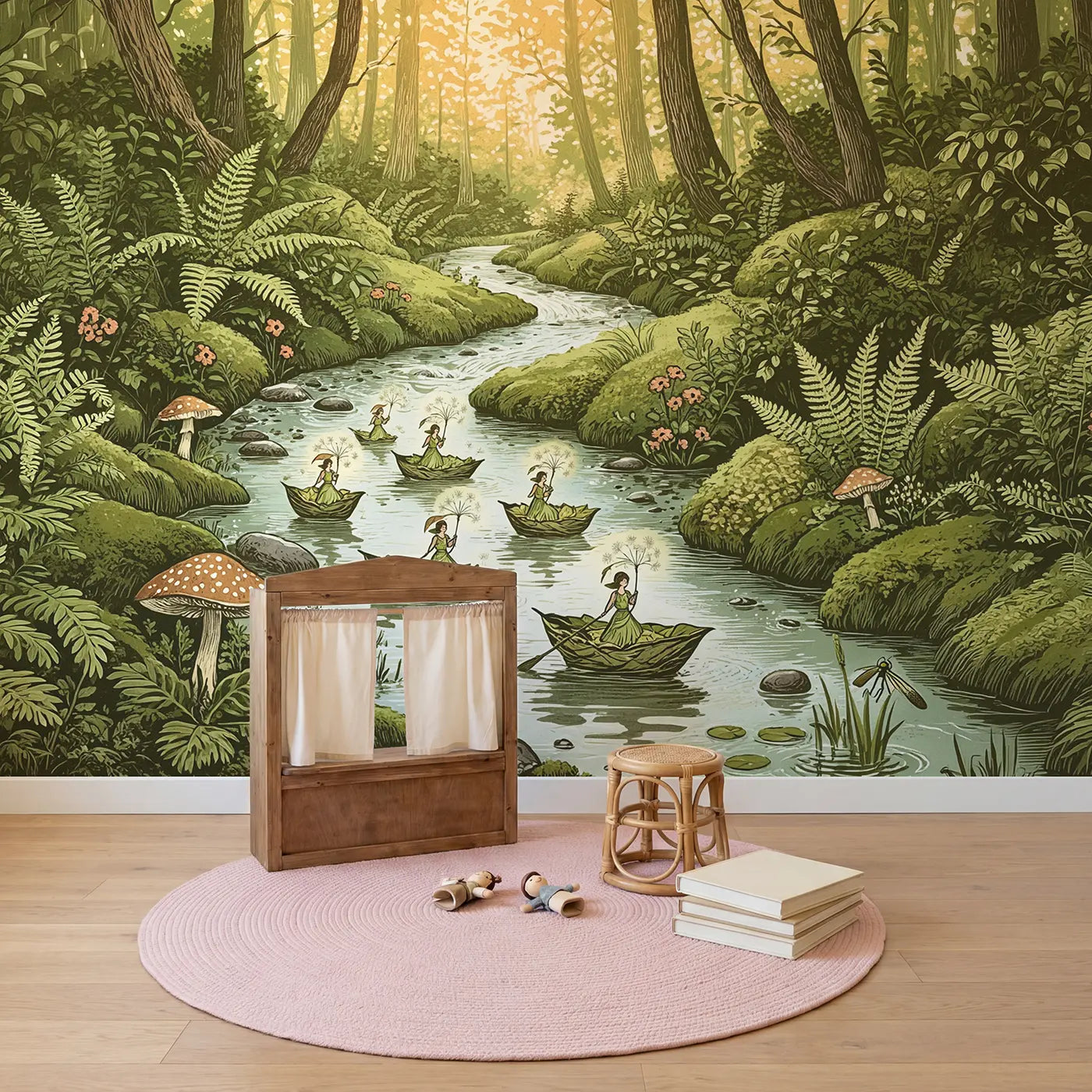 Fairy Leaf Boat River Wallpaper Mural in playroom setting by Whimsy Tots