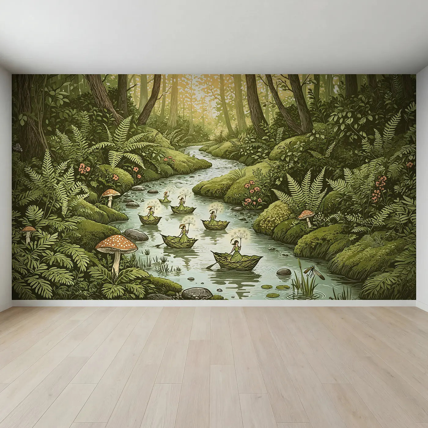 Full view of Fairy Leaf Boat River Wallpaper Mural by Whimsy Tots