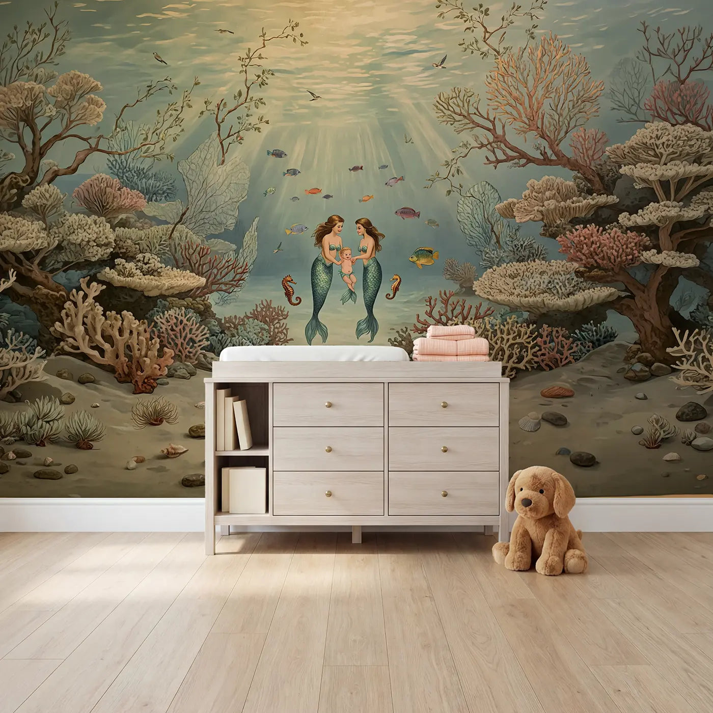 Botanical elegance mermaid coral underwater wallpaper mural for girls room by Whimsy Tots