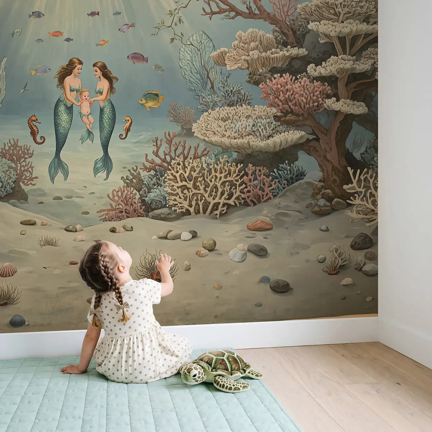 Child in nursery with Mermaid Swimming Lesson Wallpaper Mural by Whimsy Tots