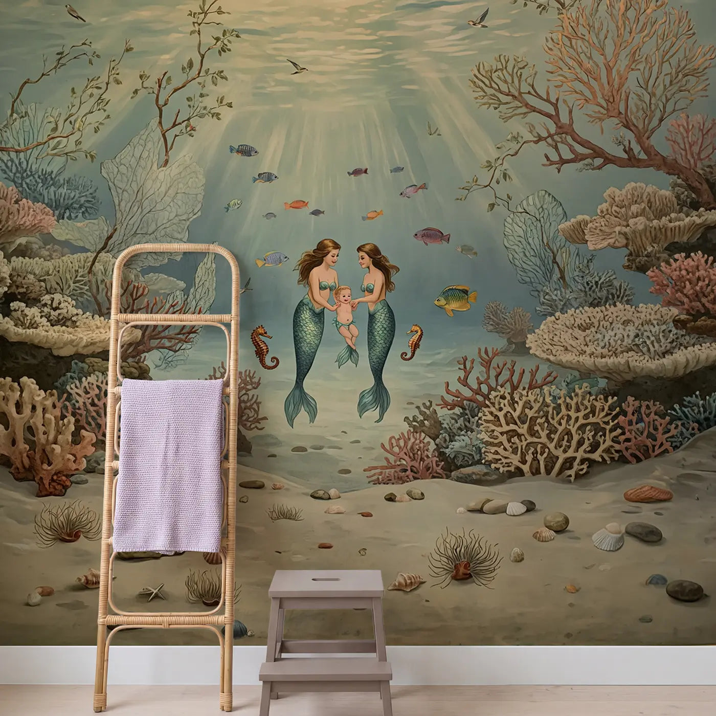Mermaid Swimming Lesson Wallpaper Mural in playroom setting by Whimsy Tots