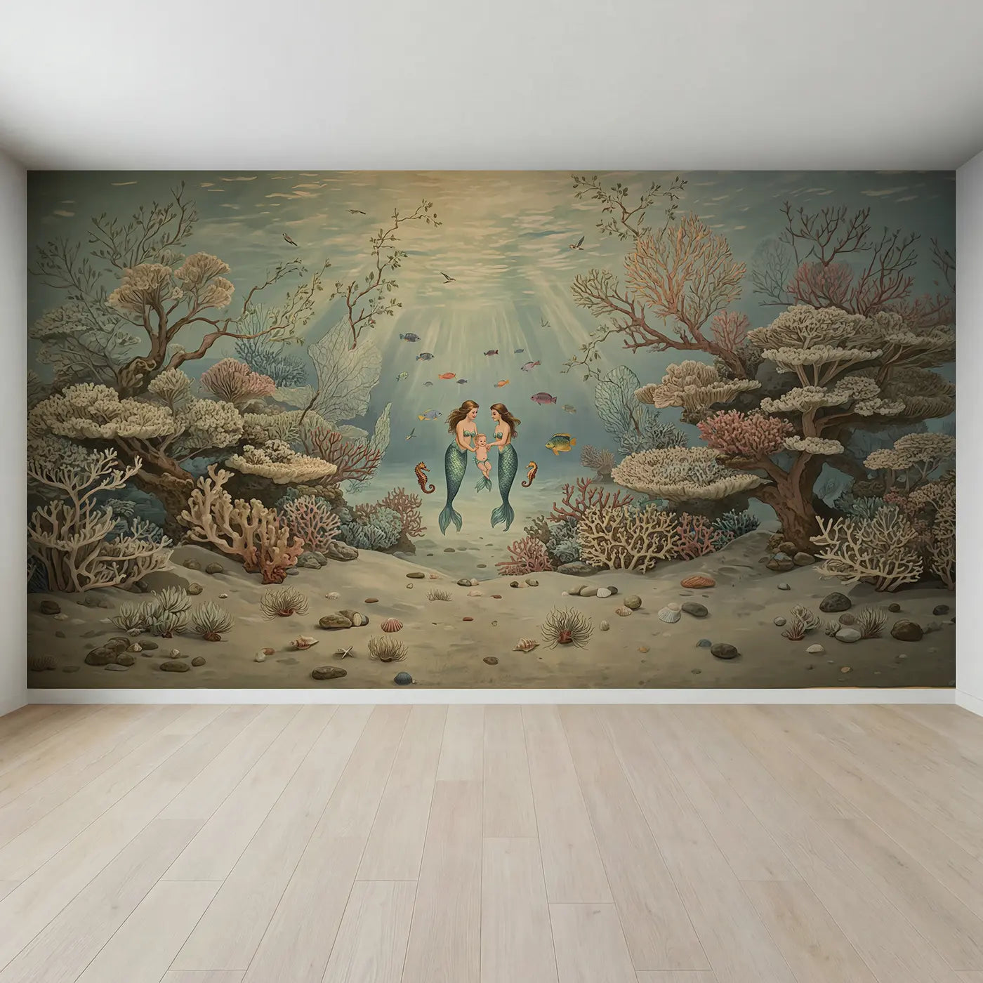 Full view of Mermaid Swimming Lesson Wallpaper Mural by Whimsy Tots