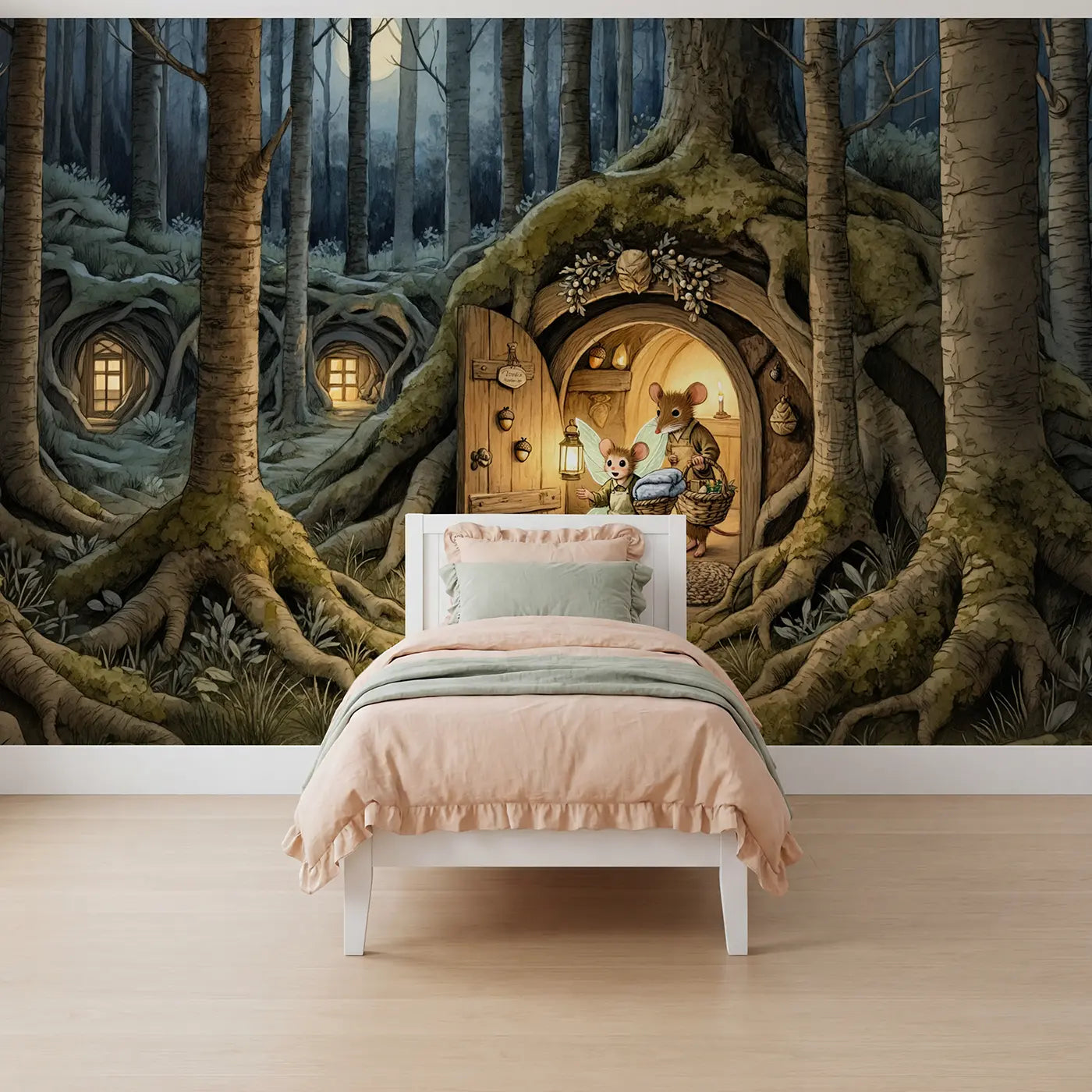 Storybook fairy midwife mouse burrow wallpaper mural for girls room by Whimsy Tots