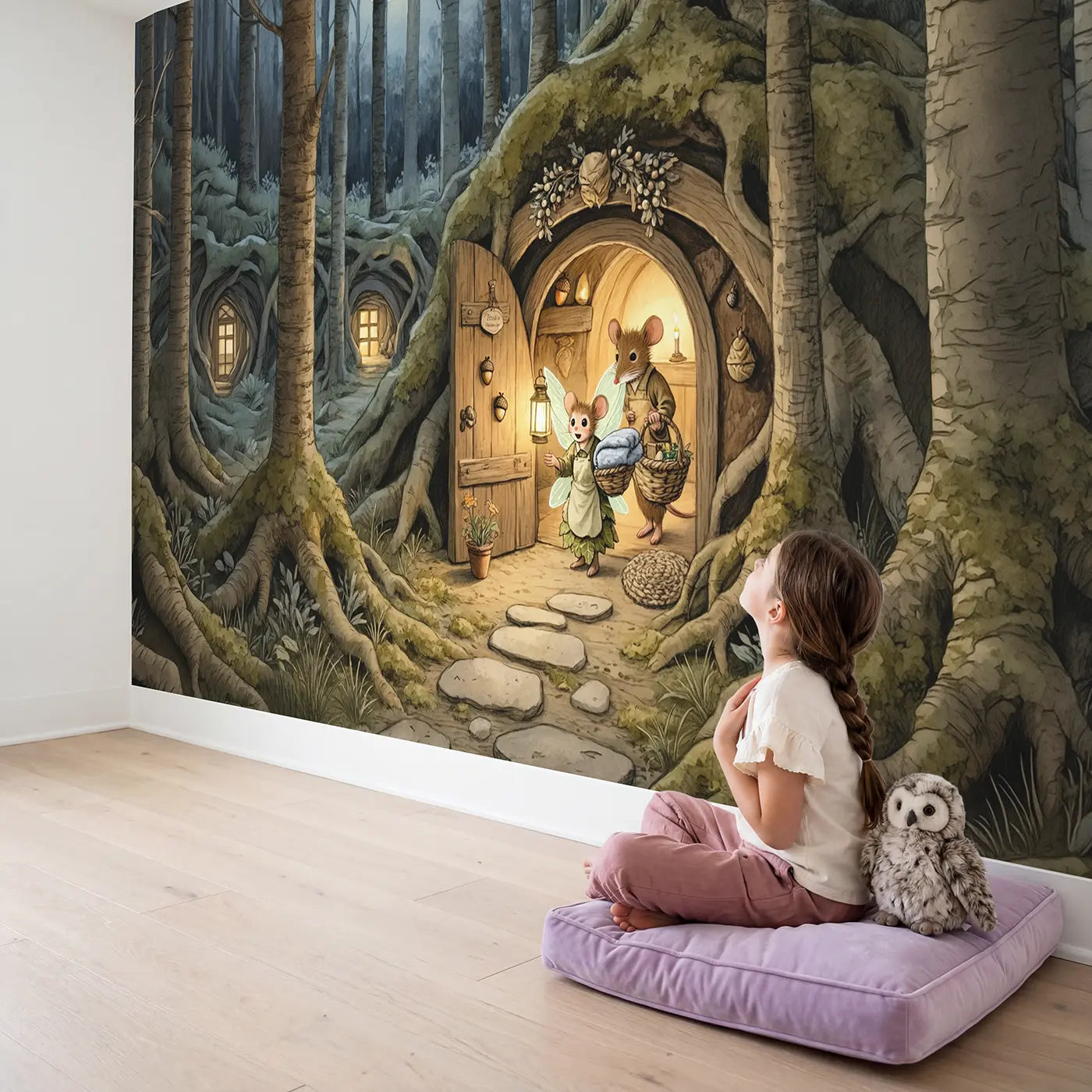 Child in nursery with Fairy Midwife Mouse Burrow Wallpaper Mural by Whimsy Tots