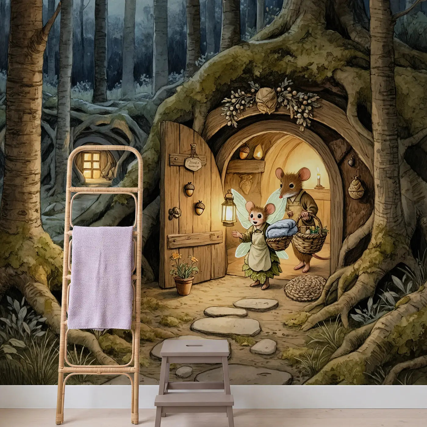 Fairy Midwife Mouse Burrow Wallpaper Mural in playroom setting by Whimsy Tots
