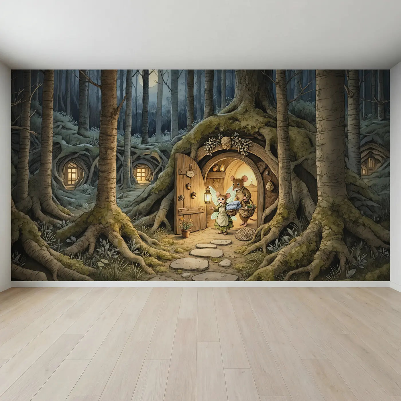 Full view of Fairy Midwife Mouse Burrow Wallpaper Mural by Whimsy Tots