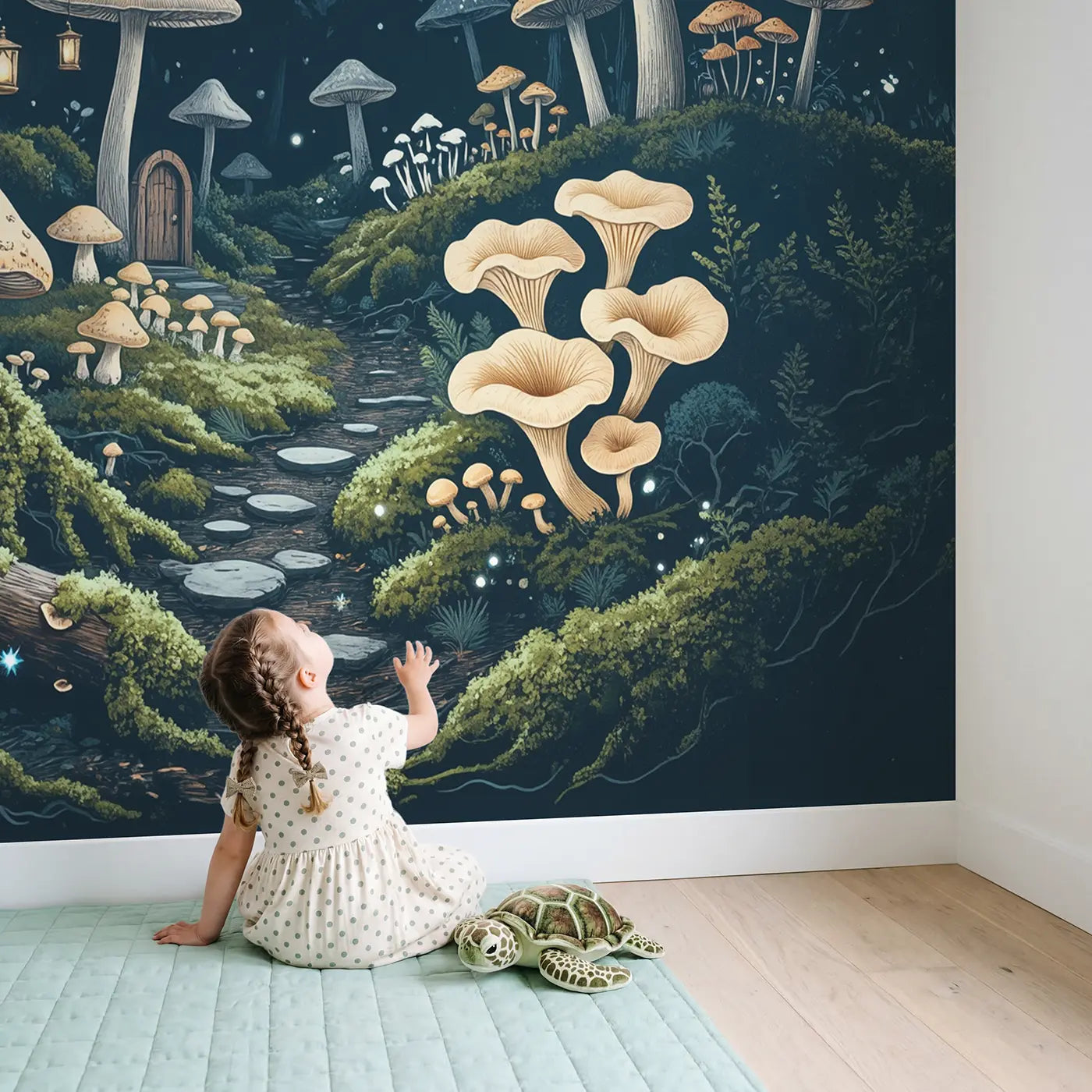 Child in nursery with Fairy Mushroom Kingdom Wallpaper Mural by Whimsy Tots
