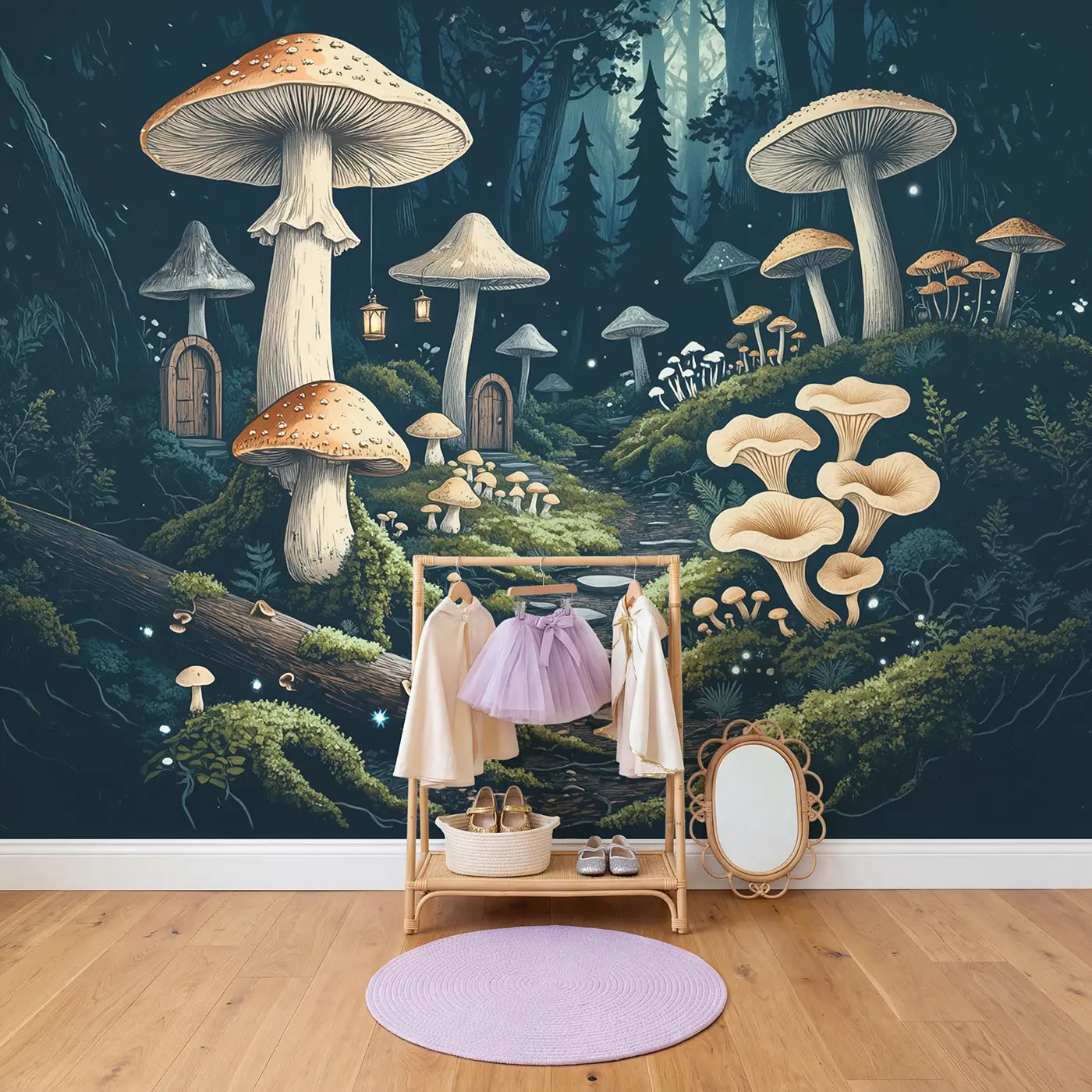 Fairy Mushroom Kingdom Wallpaper Mural in playroom setting by Whimsy Tots