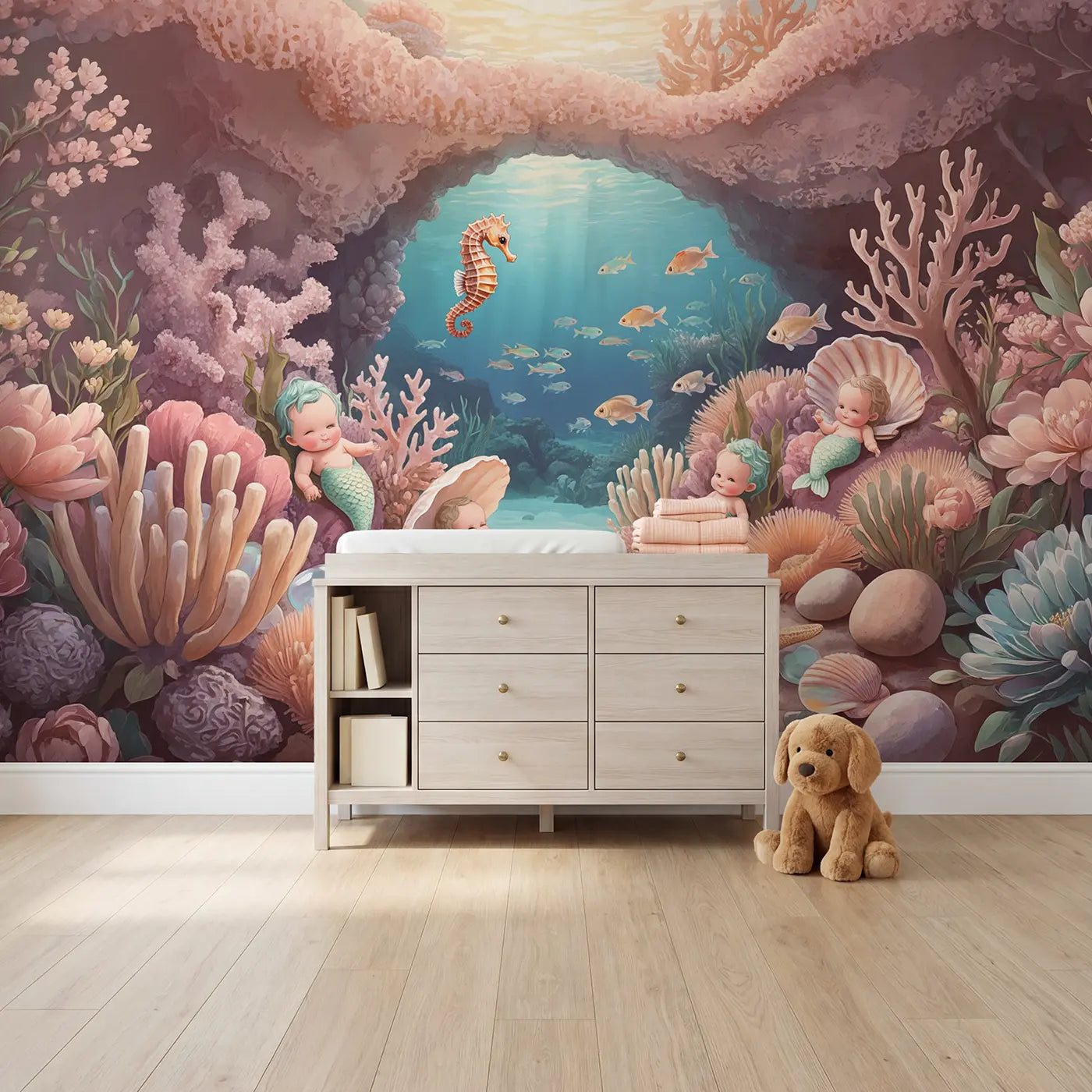 Soft pastel mermaids in coral cove wallpaper mural for girls room by Whimsy Tots