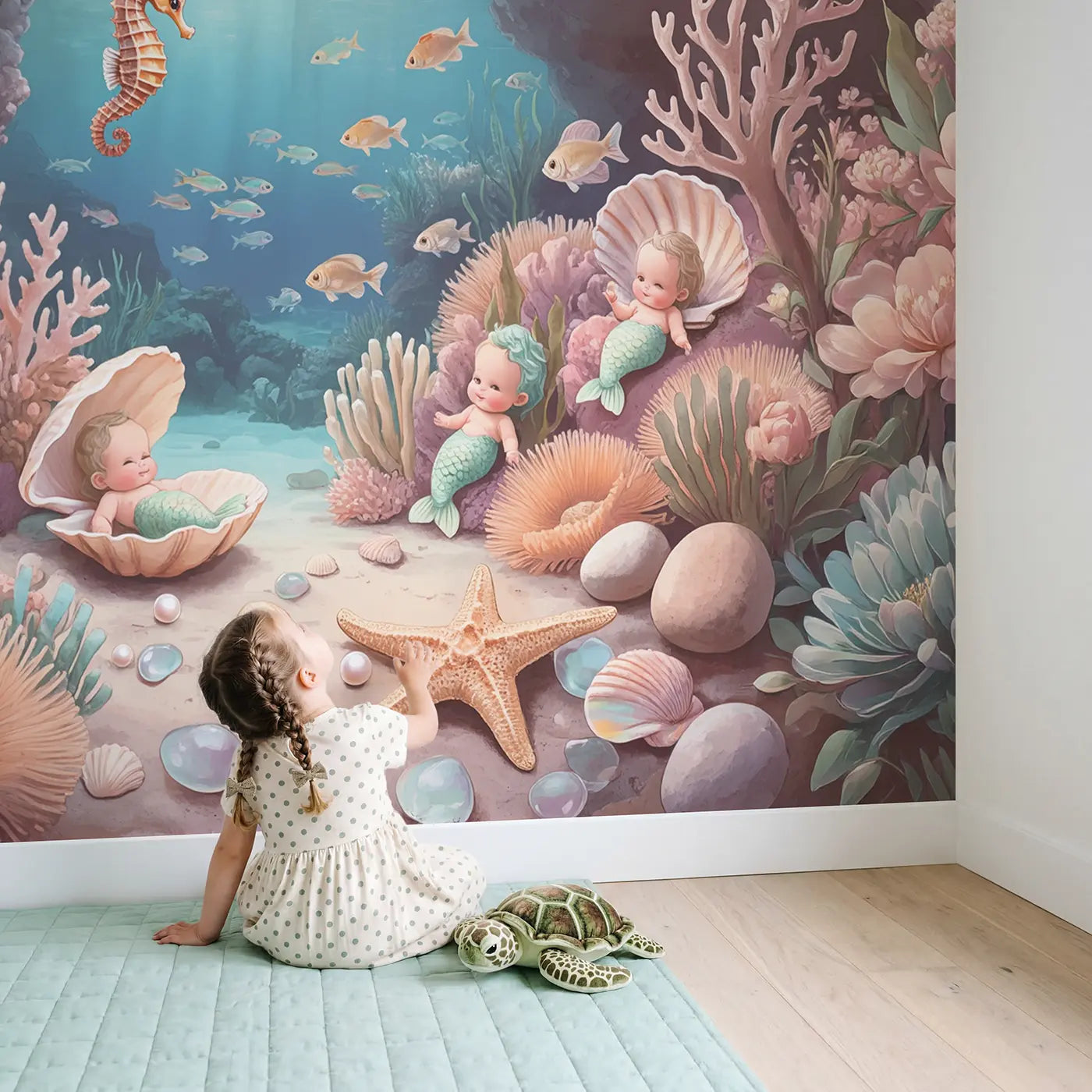 Child in nursery with Mermaid Cove Nursery Wallpaper Mural by Whimsy Tots