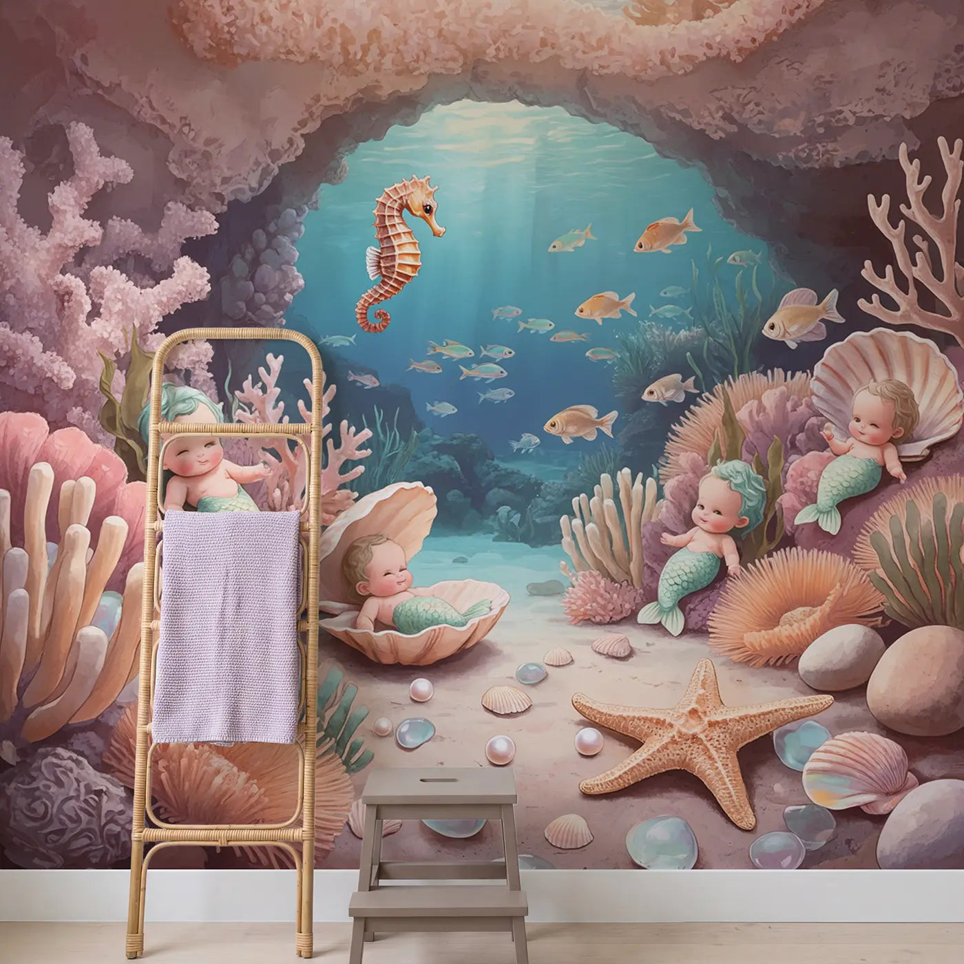 Mermaid Cove Nursery Wallpaper Mural in playroom setting by Whimsy Tots