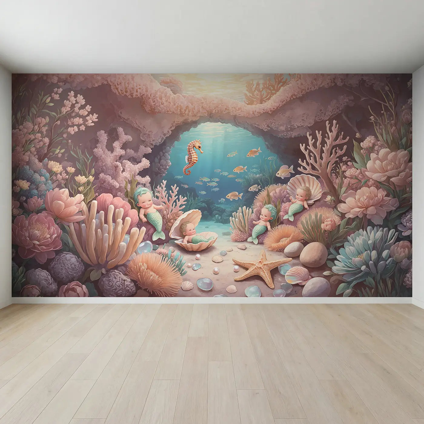 Full view of Mermaid Cove Nursery Wallpaper Mural by Whimsy Tots