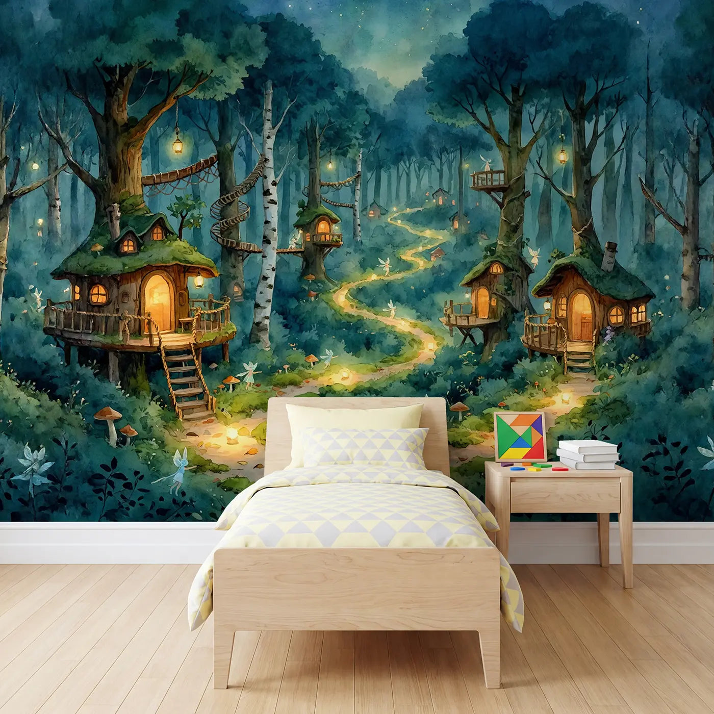 Watercolor fairy treehouse village mossy wallpaper mural for kids room by Whimsy Tots