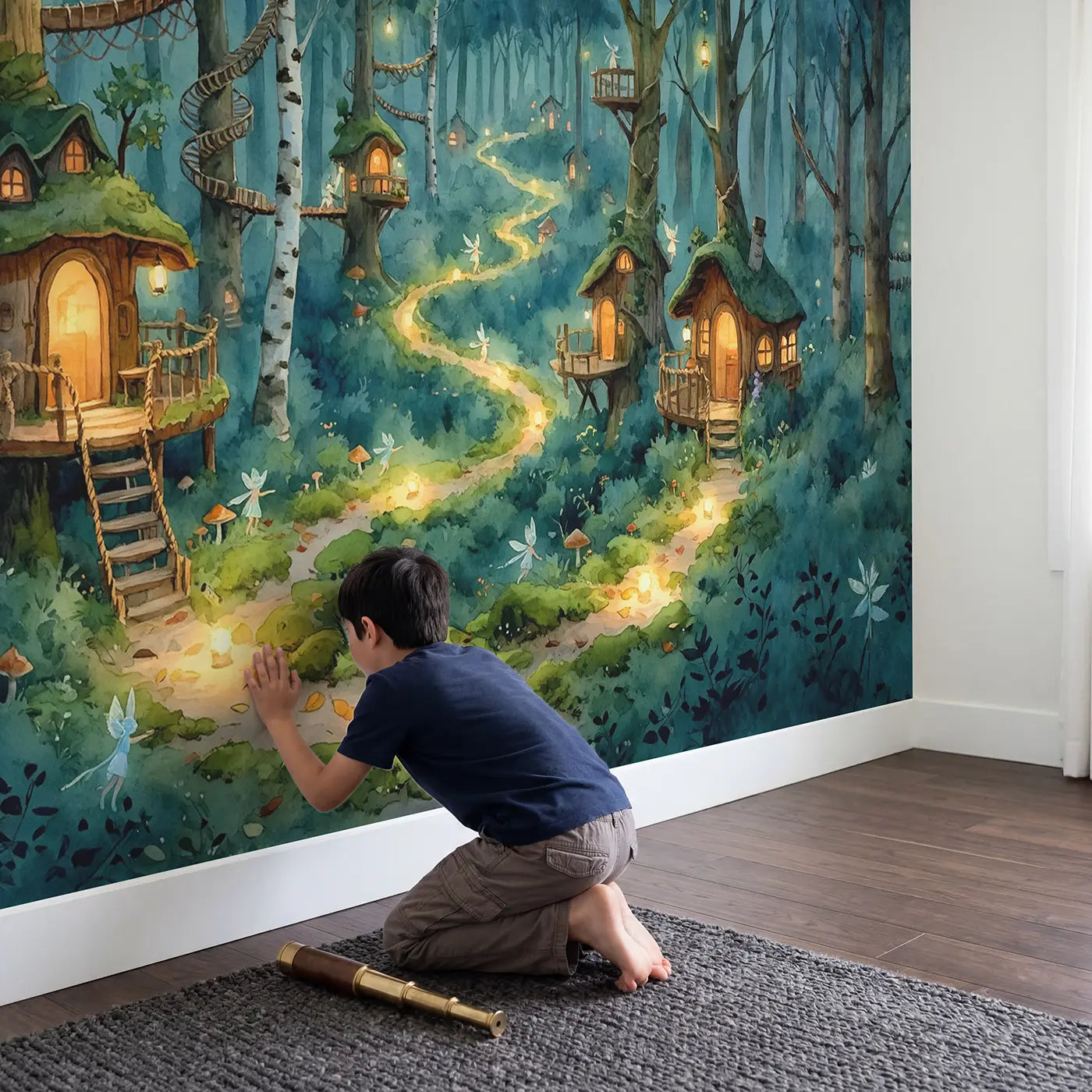 Child in nursery with Fairy Treehouse Village Wallpaper Mural by Whimsy Tots