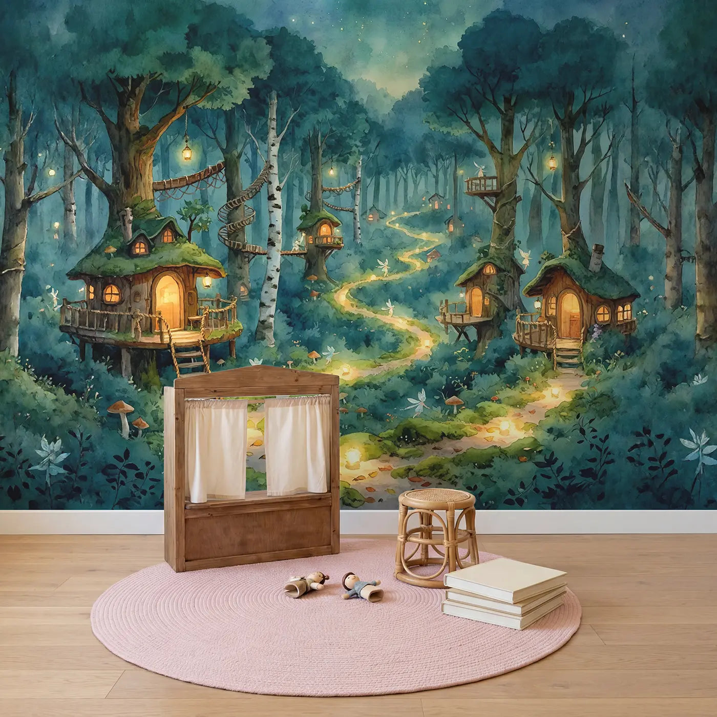 Fairy Treehouse Village Wallpaper Mural in playroom setting by Whimsy Tots