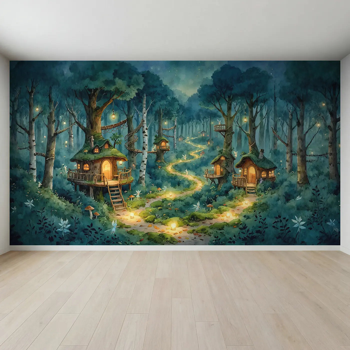 Full view of Fairy Treehouse Village Wallpaper Mural by Whimsy Tots