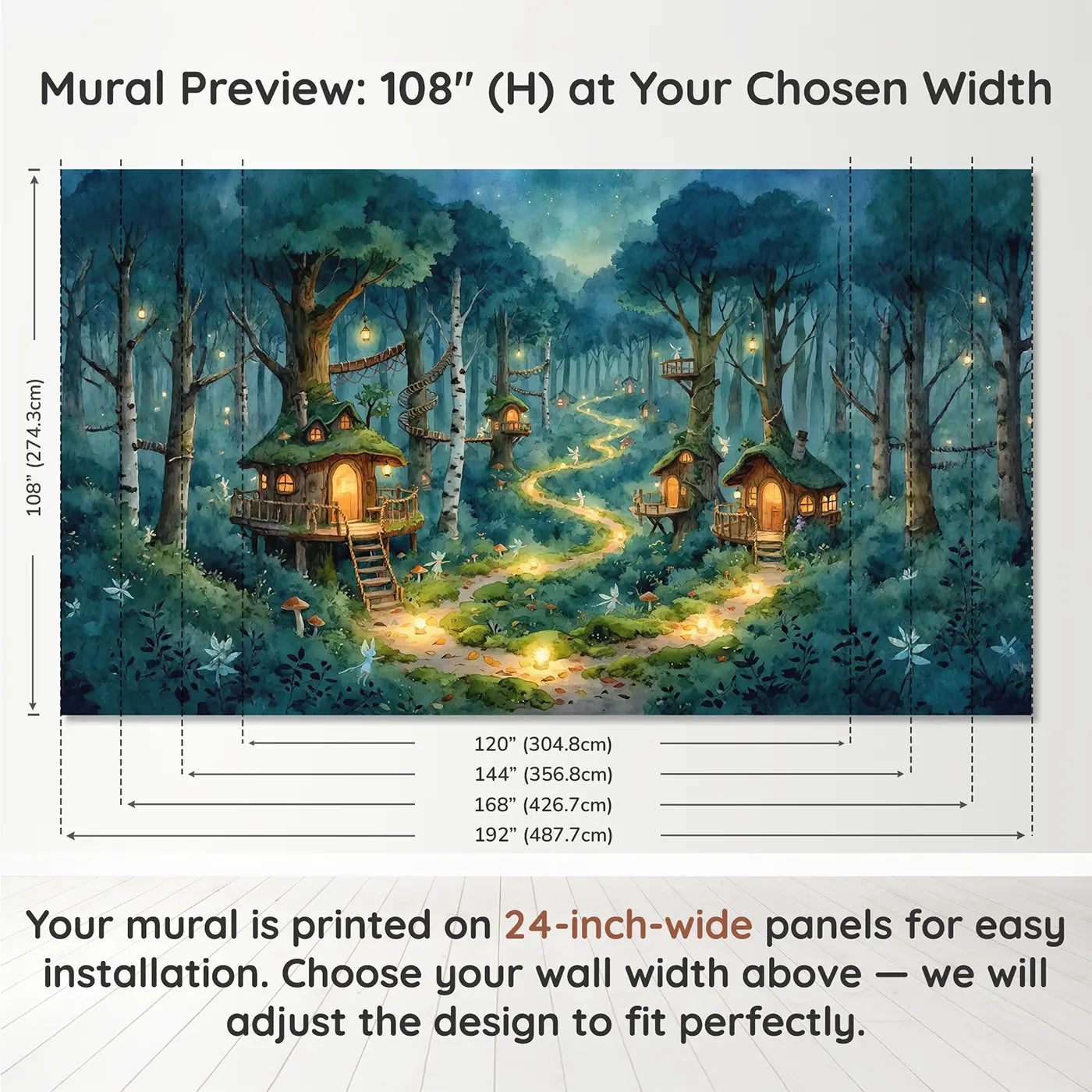 Panel layout and dimensions for Fairy Treehouse Village Wallpaper Mural by Whimsy Tots