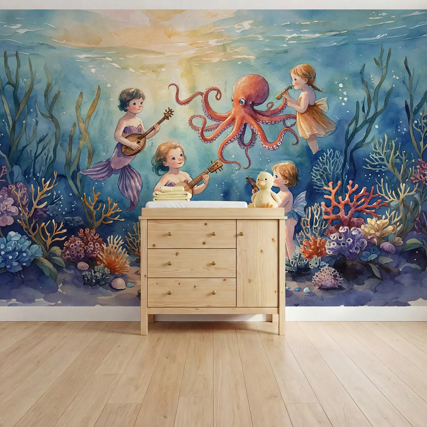 watercolor mermaid octopus instruments wallpaper mural for nursery by Whimsy Tots