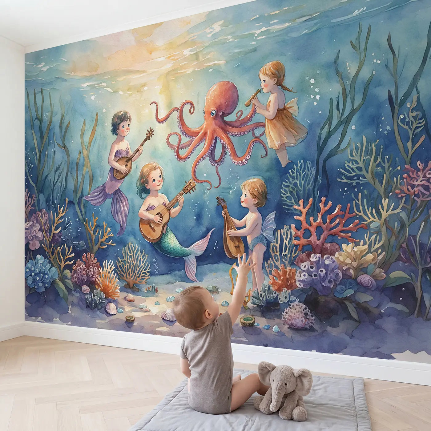 Child in nursery with Mermaid Octopus Playing Instruments Wallpaper Mural by Whimsy Tots