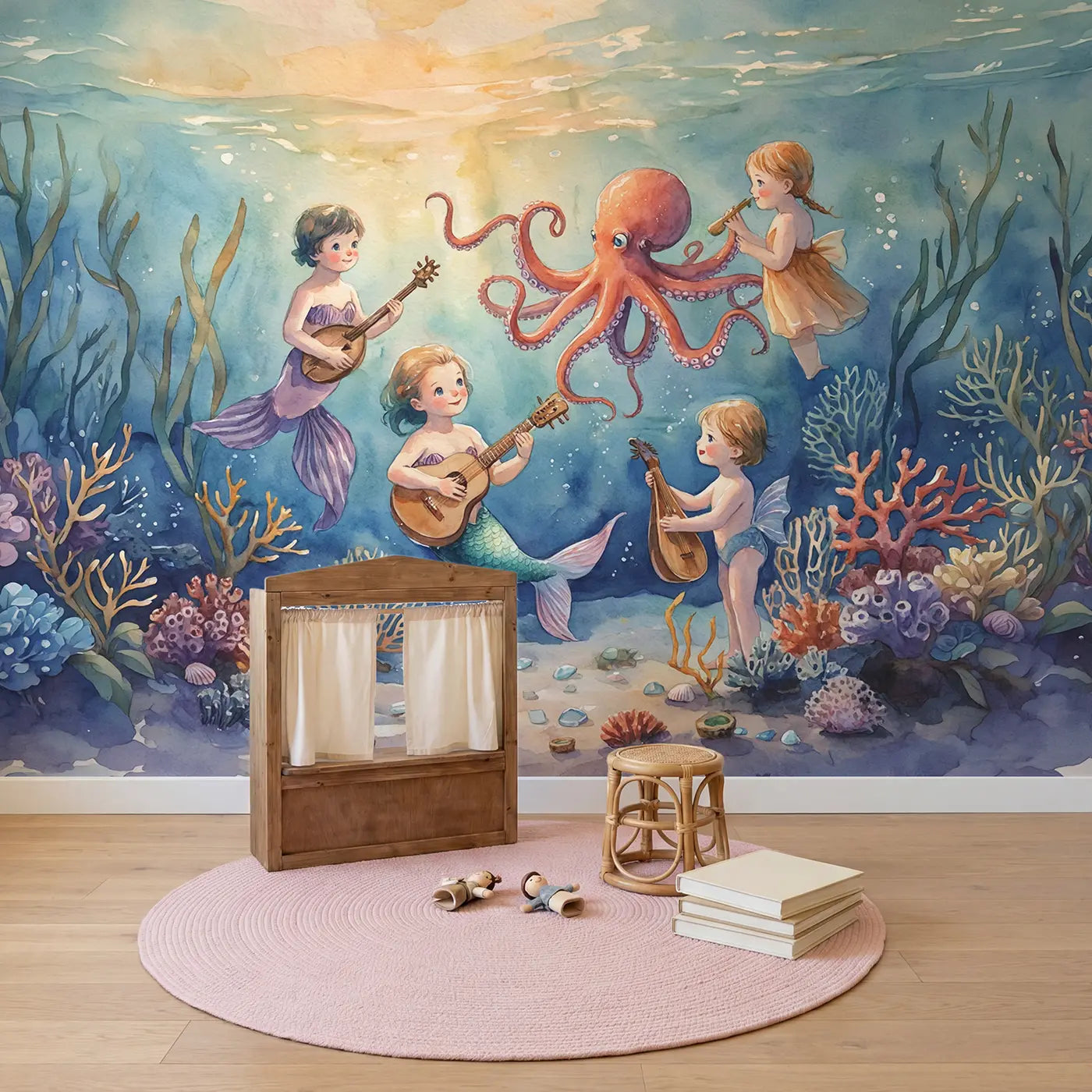 Mermaid Octopus Playing Instruments Wallpaper Mural in playroom setting by Whimsy Tots