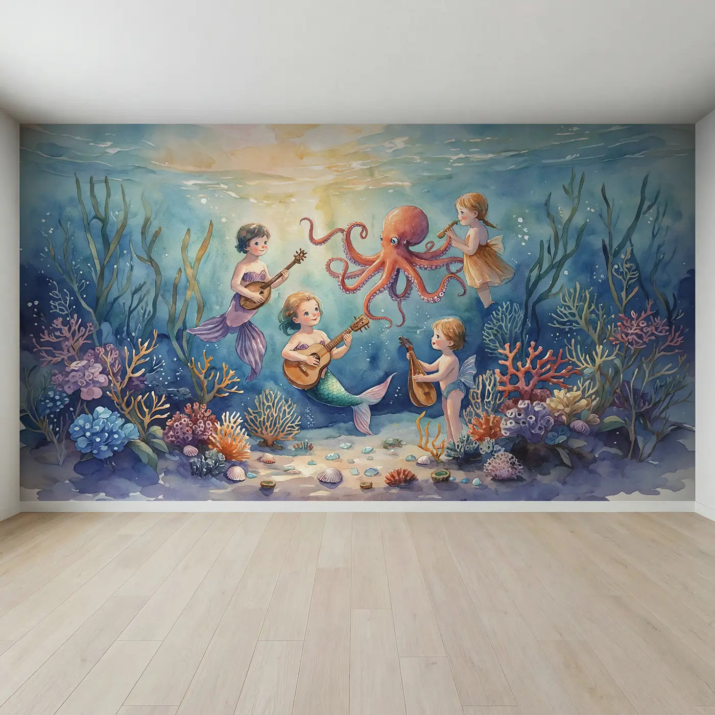 Full view of Mermaid Octopus Playing Instruments Wallpaper Mural by Whimsy Tots