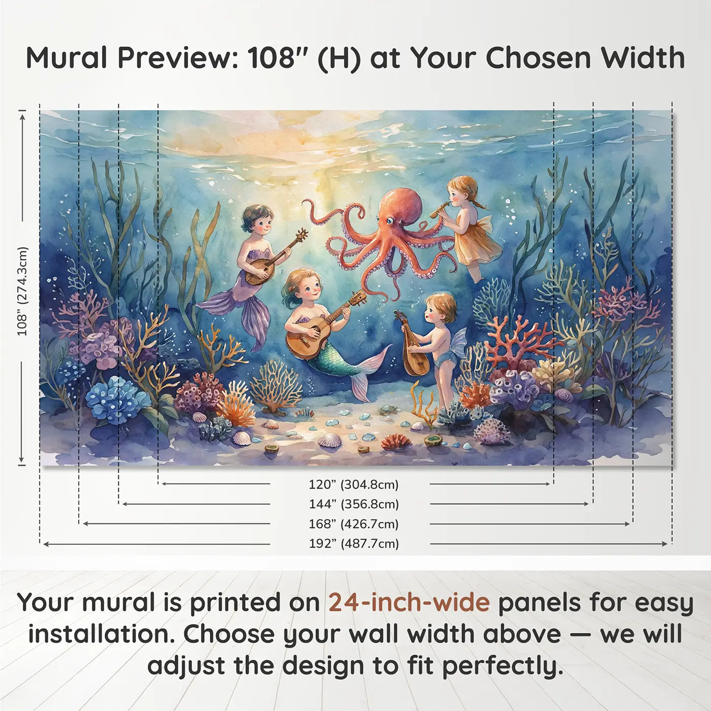 Panel layout and dimensions for Mermaid Octopus Playing Instruments Wallpaper Mural by Whimsy Tots